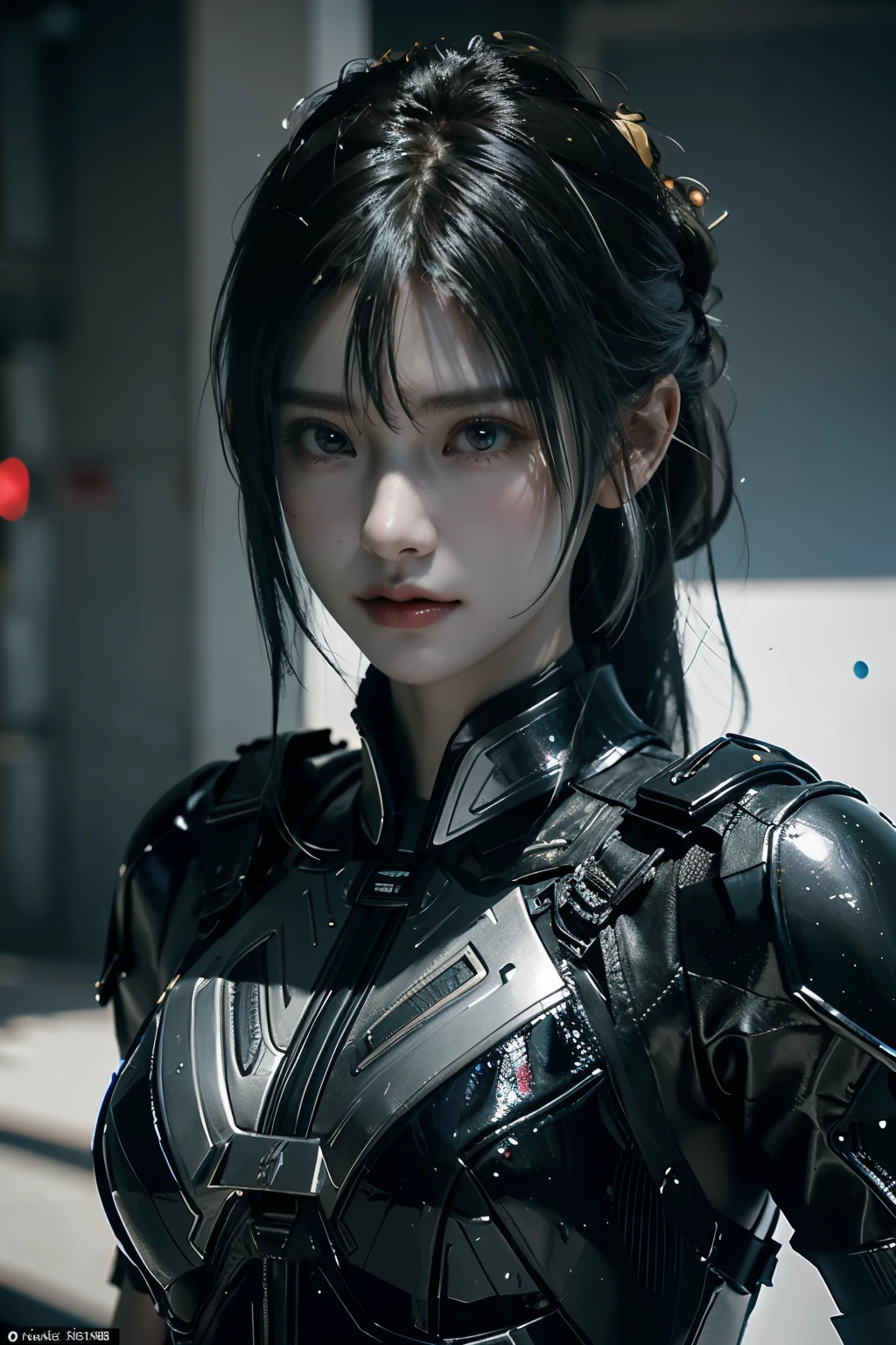 Game art，The best picture quality，Highest resolution，8K，((A bust photograph))，((Portrait))，(Rule of thirds)，Unreal Engine 5 rendering works， (The Girl of the Future)，(Female Warrior)， 22岁少女，(Female hackers)，(Ancient Oriental hairstyle)，(A beautiful eye full of detail)，(Big breasts)，(Eye shadow)，优雅迷人，冷漠，((Frown))，(Battle wear full of futuristic tech，Clothing combines futuristic power armor and police uniforms，The garments are adorned with glittering patterns and badges)，赛博朋克人物，未来风格， 拍照姿势，城市背景，Movie lights，Ray tracing，Game CG，((3D Unreal Engine))，oc渲染反射纹