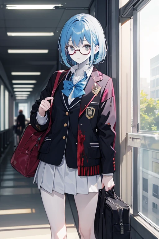 1 man, zombie, mature, school uniform,jacket, Cute, anime,blue hair, White skin, gray eyes,School Corridor, glasses