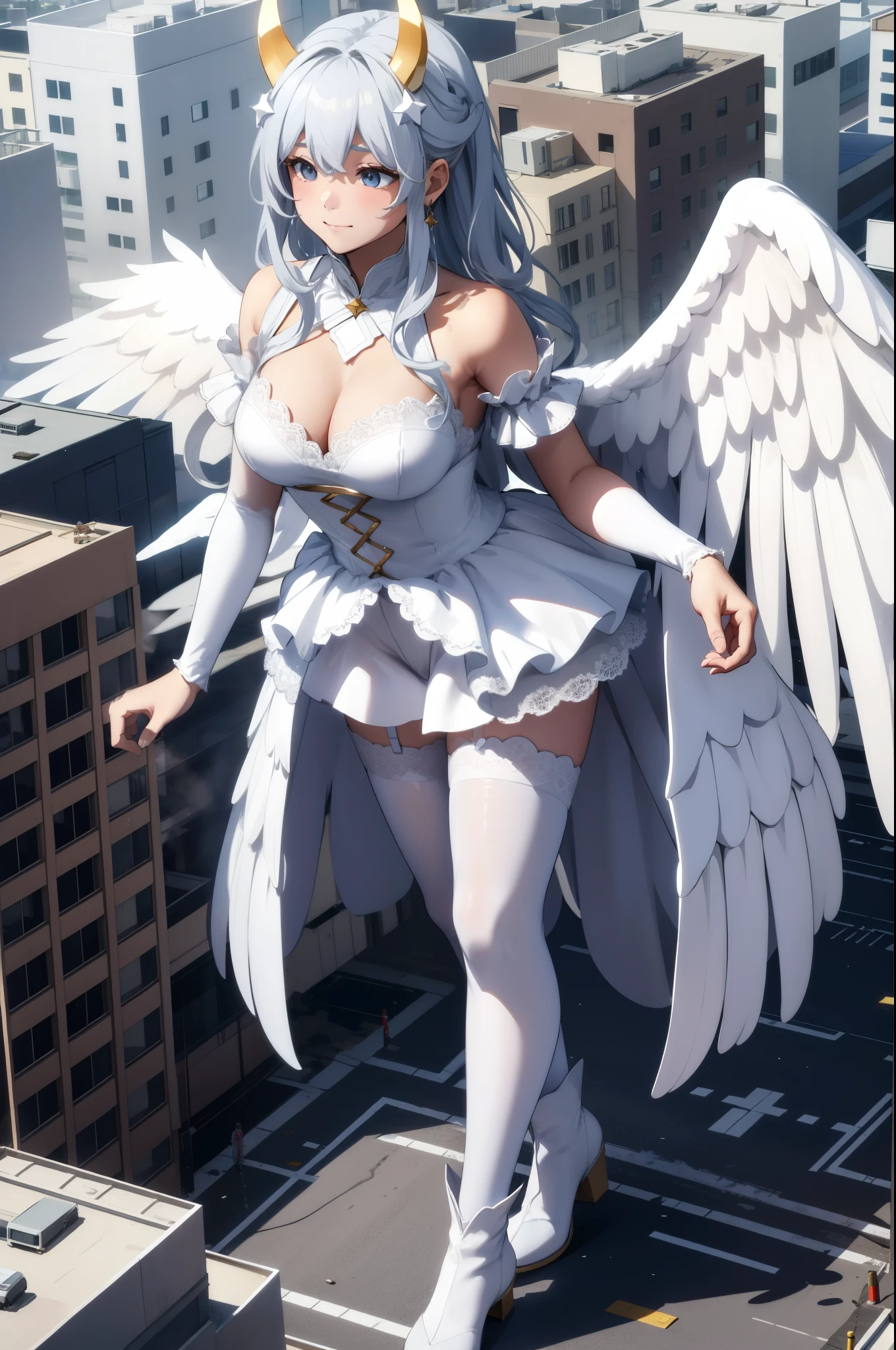 Aerial View,giant girl 50,000 feet high,Weight 1000kg,Has a pair of huge white angel wings,With huge devil horns on his head,A white crown on the head,Wearing white earrings,She has long white hair that reaches the floor.,loose hair,White wavy long curly hair,Wearing a pair of white boots,White lace gloves,White lace pantyhose,Pantyhose with bow and star decorations,白色蕾丝whole body,Standing upright on a small city,Beautiful appearance,Exquisite makeup,quality,8k,高quality,Perfect proportion, Cinema lighting,film grain,Fuji colors,8k,textured skin,Super details,high detail,high resolution,fake smile,blood stains,脚底有blood stains,whole body,Obese,feather