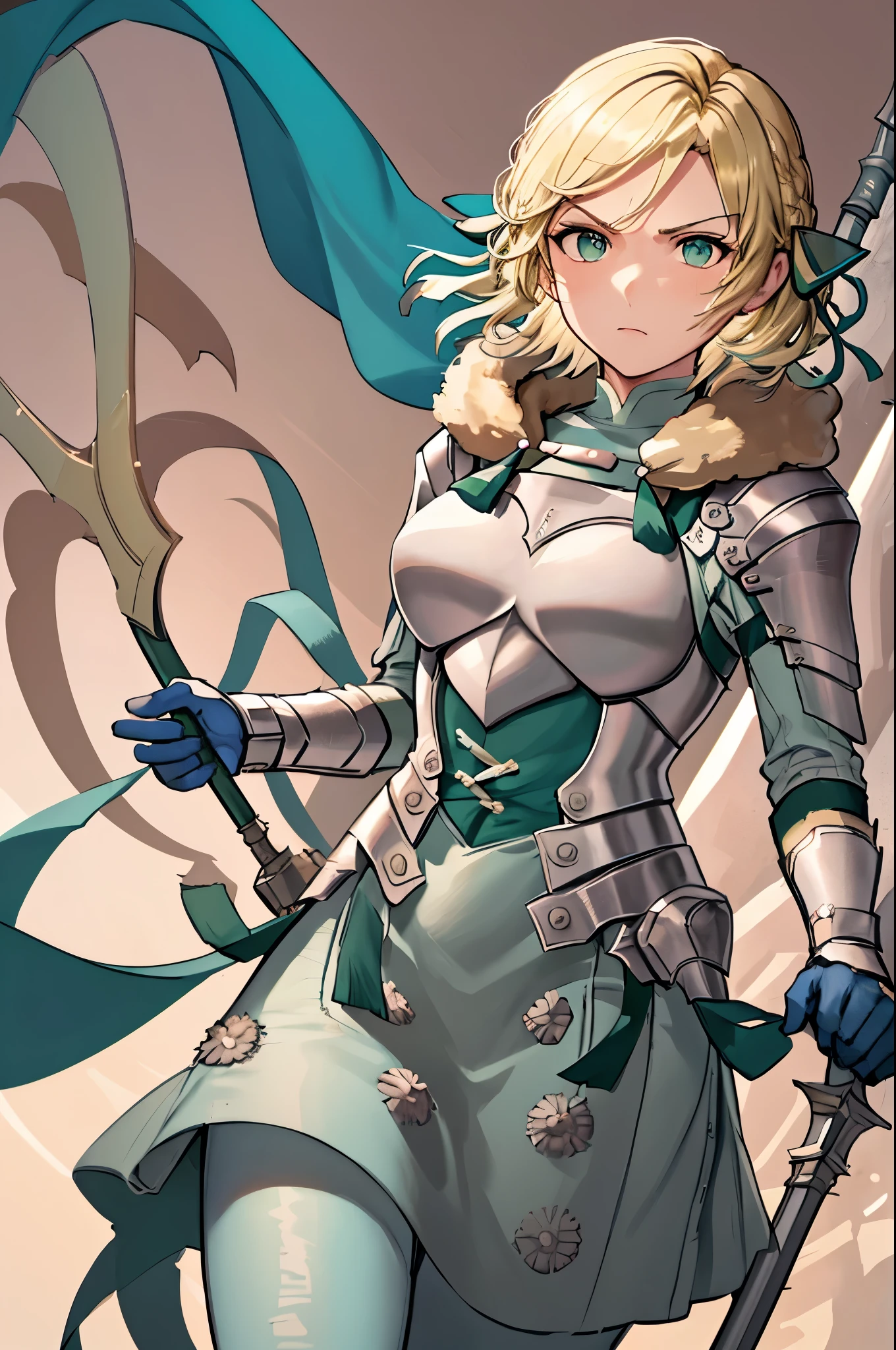 masterpiece, best quality,  waringrid, short hair, hair ribbons, shoulder armor, armor, breastplate, underbust, green coat, fur trim, vambraces, blue gloves, green skirt, white pants, green cape, standing, furrowed brow, serious, holding a spear with both hands, long spear, holding a lance with both hands, 