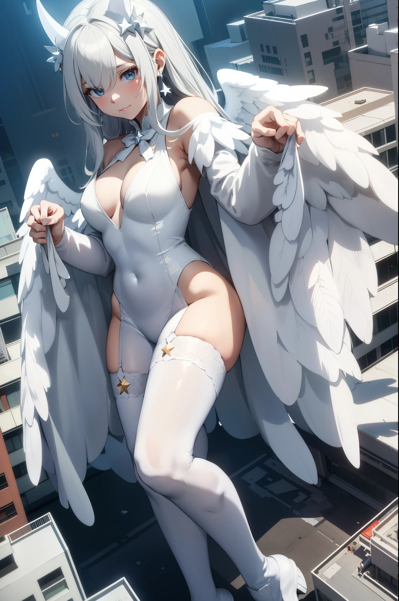 Aerial View,giant girl 50,000 feet high,Weight 1000kg,Has a pair of huge white angel wings,With huge devil horns on his head,A white crown on the head,Wearing white earrings,She has long white hair that reaches the floor.,loose hair,White wavy long curly hair,Wearing a pair of white boots,White lace gloves,White lace pantyhose,Pantyhose with bow and star decorations,白色蕾丝whole body,Standing upright on a small city,Beautiful appearance,Exquisite makeup,quality,8k,高quality,Perfect proportion, Cinema lighting,film grain,Fuji colors,8k,textured skin,Super details,high detail,high resolution,fake smile,blood stains,脚底有blood stains,whole body,Obese,feather