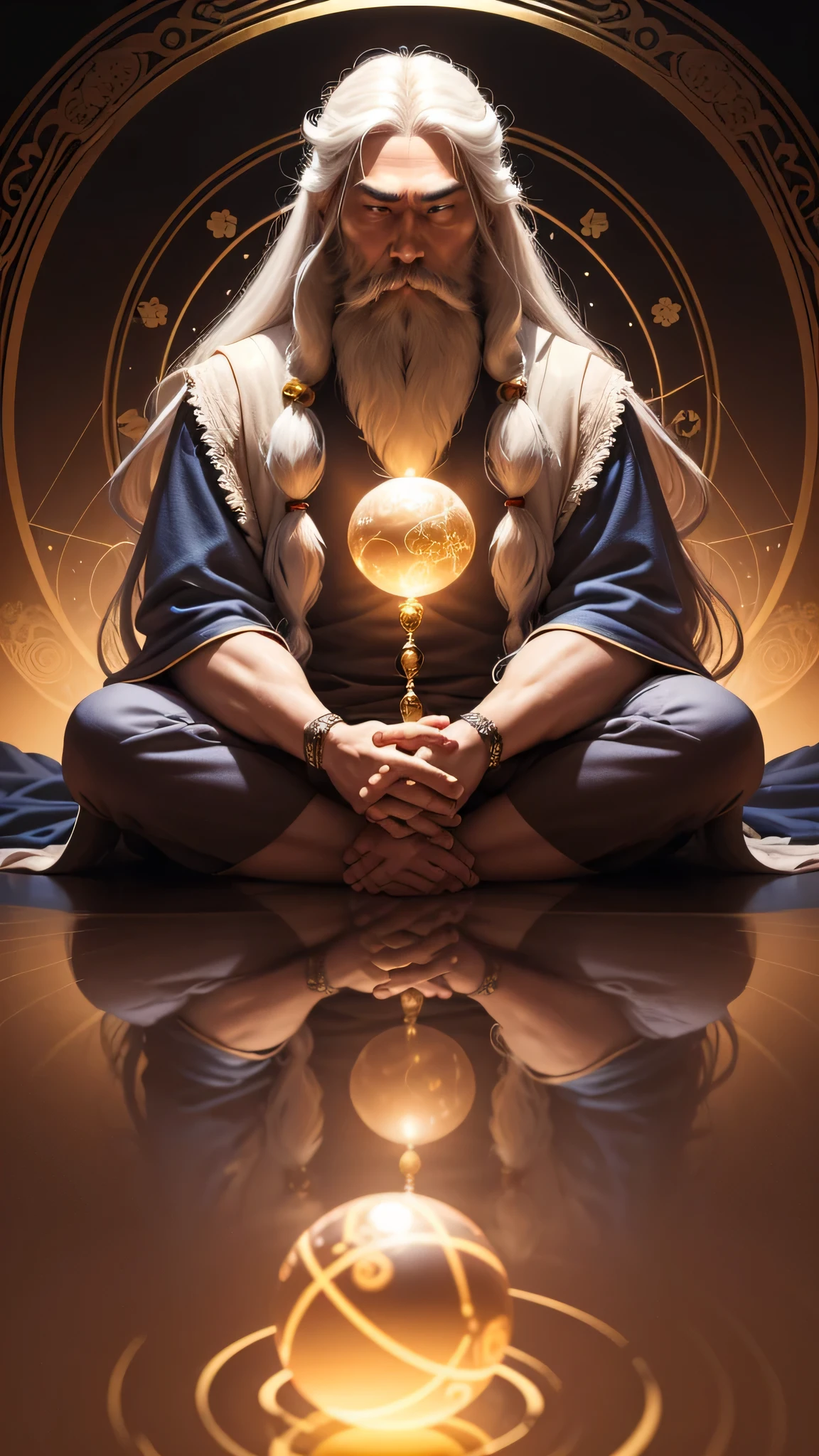 35-year-old Asian middle-aged male，white long hair，long beard，Holding a glowing sphere in both hands，stare at the camera，Sit cross-legged and meditate, In the center is a crystal ball that shines gold..，clear facial features，very bright colors, particles of light, light shines, Musif, wallpaper art, UHD Wallpapers、Fortune up