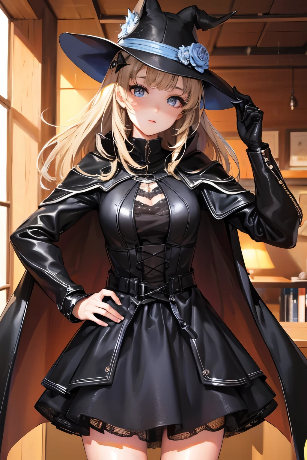 (Black knight jacket:1.1), (masterpiece, best quality, pretty girl, pretty face, 8k, original photo, lifelike, ridiculous:1.2), teenager, cowboy shooting, Dutch Cape, Menko, film grain, Color difference, high resolution, Super detailed, fine details, Light blue frilled lace dress, detailed skin、Eyes and face, sharp pupils, realistic student, sharp focus, street