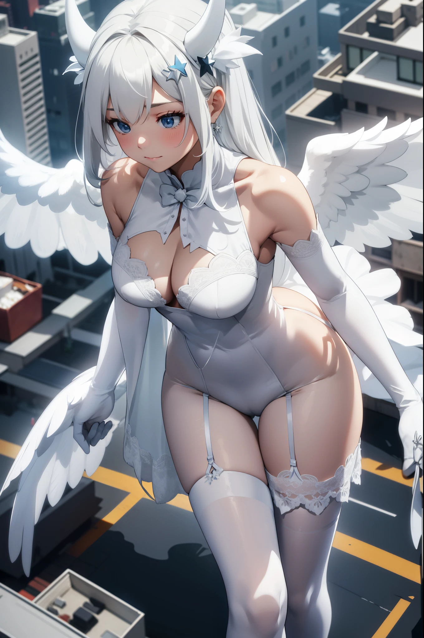 Aerial View，giant girl 50,000 feet high，Weight 1000kg，Has a pair of huge white angel wings，With huge devil horns on his head，A white crown on the head，Wearing white earrings，She has long white hair that reaches the floor.，loose hair，White wavy long curly hair，Wearing a pair of white boots，White lace gloves，White lace pantyhose，Pantyhose with bow and star decorations，白色蕾丝whole body，Standing upright on a small city，Beautiful appearance，Exquisite makeup，quality，8k，高quality，Perfect proportion, Cinema lighting，film grain，Fuji colors，8k，textured skin，Super details，high detail，high resolution，fake smile，blood stains，脚底有blood stains，whole body，Obese，feather