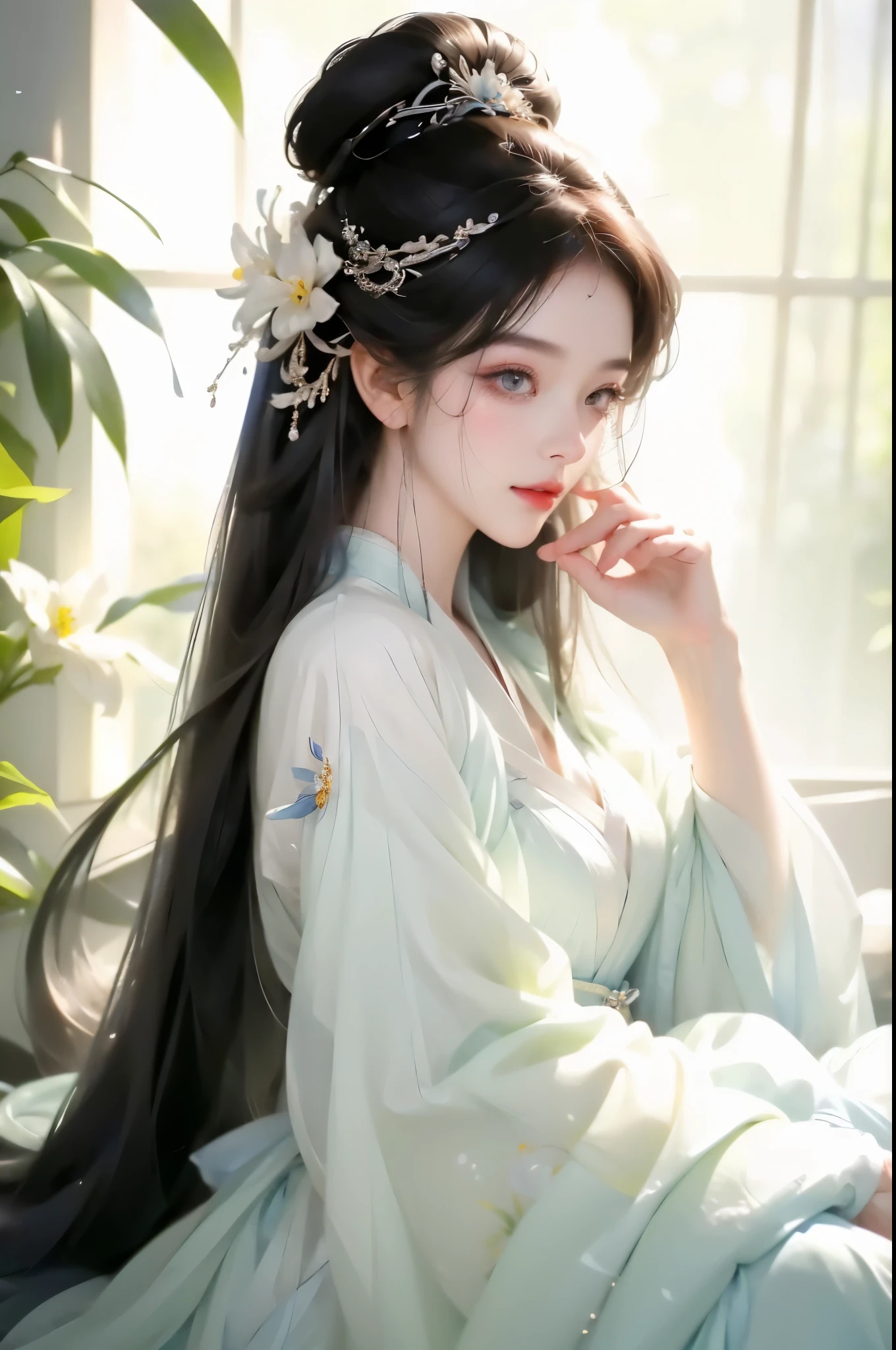 (The last one is wearing a blue dress、Close-up of woman with a flower in her hair, ((beautiful fantasy queen)), beautiful figure painting, beautiful fantasy queen, Inspired by Qiu Ying, palace , A girl wearing Hanfu, Inspired by Huang Ji, beautiful youth spirit, xianxia fantasy, Inspired by Ma Yuanyu, Inspired by Lanying High Resolution, clearly_image), best quality, masterpiece, Very detailed, semi-realistic, black短发的女人, mature woman, triple bangs, black, black百褶裙, military uniform, Spaceship space, Control, commander
