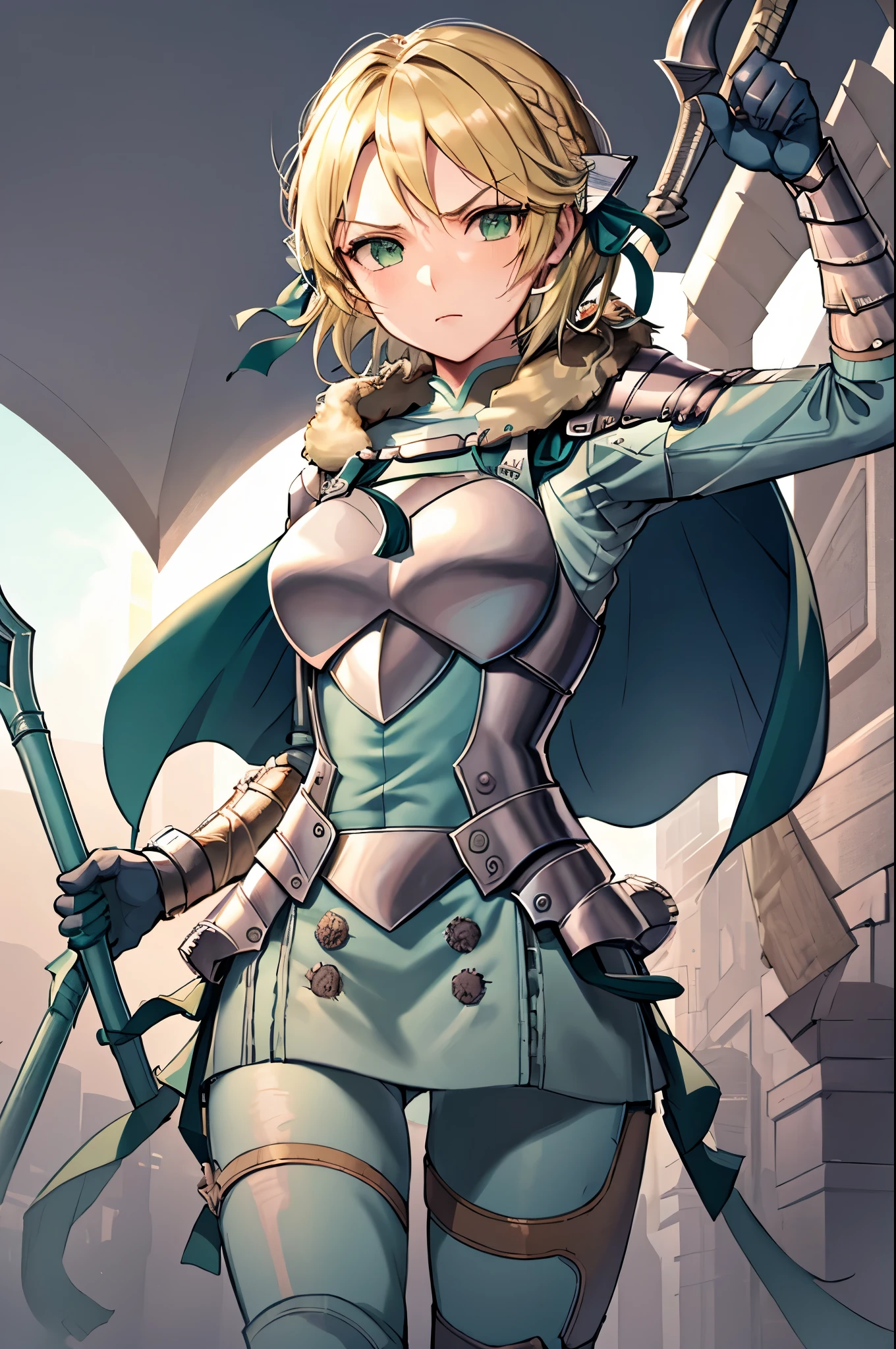 masterpiece, best quality,  waringrid, short hair, hair ribbons, shoulder armor, armor, breastplate, underbust, green coat, fur trim, vambraces, blue gloves, green skirt, white pants, green cape, standing, furrowed brow, serious, holding a spear with both hands, long spear, holding a lance with both hands, combat pose, ready for combat