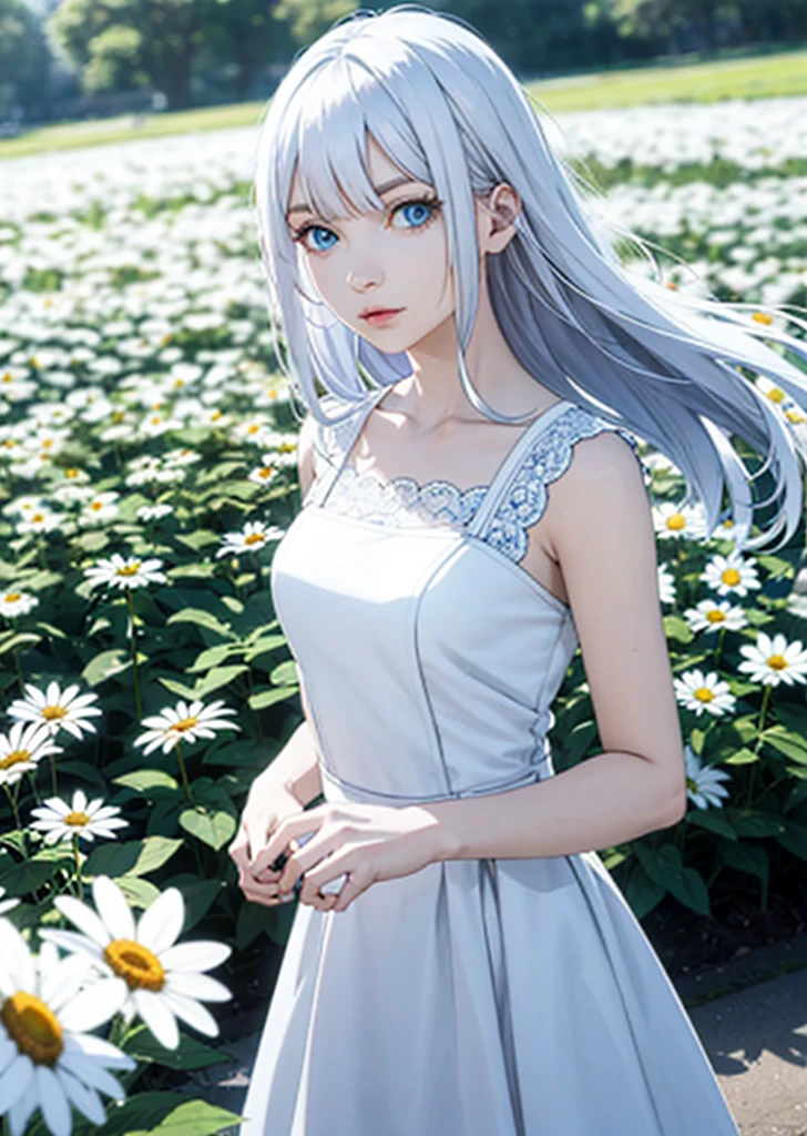 1girl,in a field of flowers,white flower,looking at viewer,blue eyes,shorth hair,daisy,long hair,pure white dress