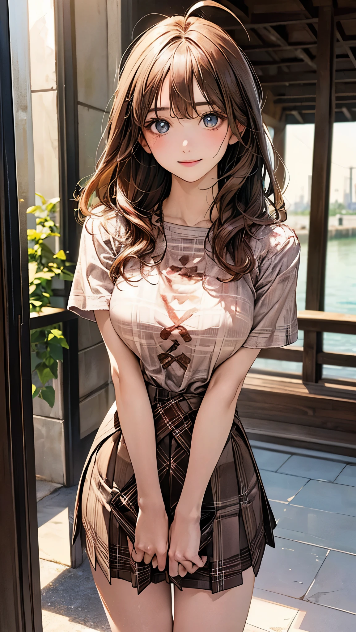 (masterpiece:1.2, top-quality), (realistic, photorealistic:1.4), beautiful illustration, (natural side lighting, movie lighting), nsfw,
looking at viewer, cowboy shot, front view:0.6, 1 girl, japanese, high school girl, perfect face, cute and symmetrical face, shiny skin,
(middle hair:0.7, wavy hair:1.2, light brown hair), bangs pinned back, ahoge, blue eyes, long eye lasher, (large breasts:0.8, seductive thighs),
beautiful hair, beautiful face, beautiful detailed eyes, beautiful clavicle, beautiful body, beautiful chest, beautiful thigh, beautiful legs, beautiful fingers,
((detailed cloth texture, short sleeves cute low umber color plain pattern blouse, brown ribbon argyle check skirt, socks, brown loafers)),
(beautiful scenery), evening, riverside, standing, (cute, lovely smile, upper eyes),