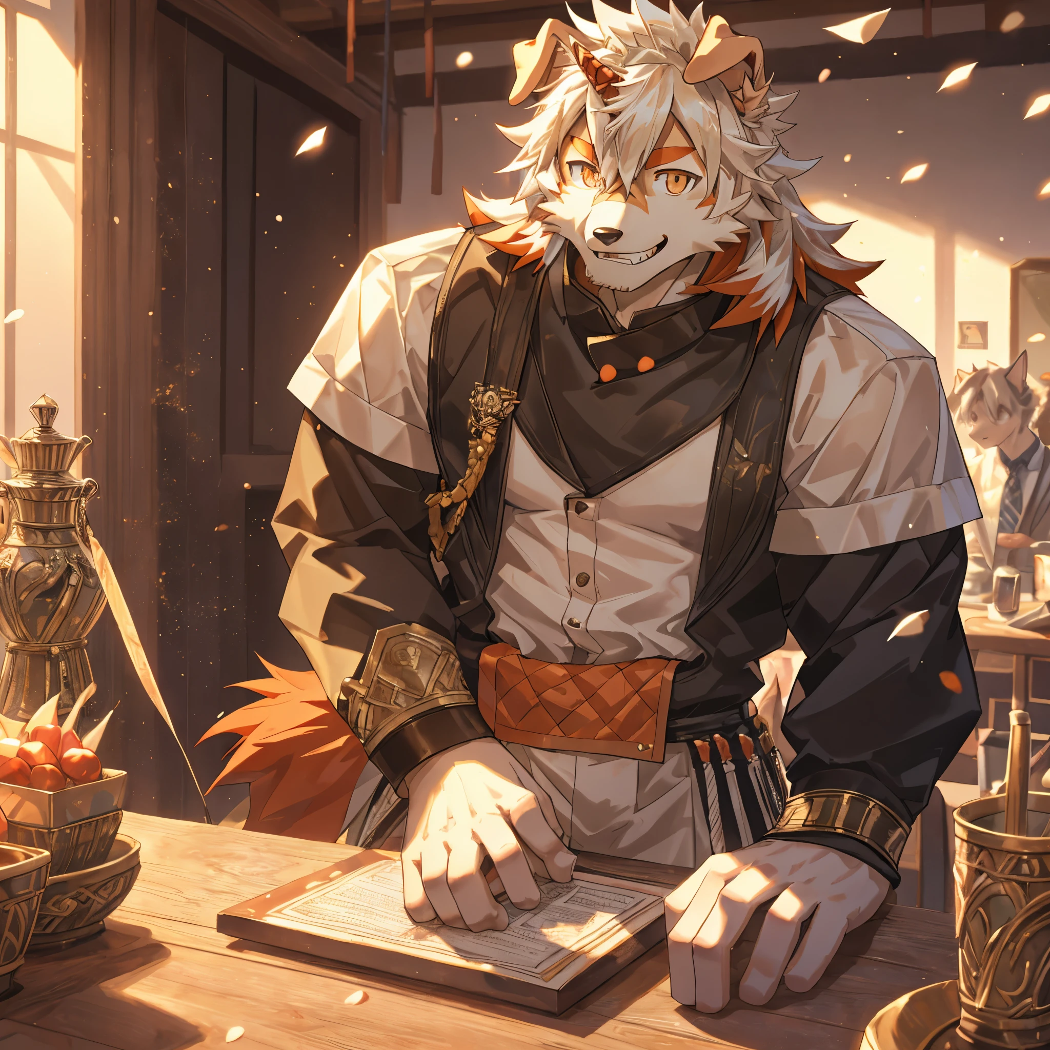 masterpiece, best quality, official art, Extremely detailed CG unified 8k wallpaper, overtake详细, Best Illustration, best shadow, perfect lighting,white fur, hairy male, Dog boy, hairy, Two-tone fur,male focus,striped hair, dog ears, animal ears,brown fur, Bangs, orange hair, white hair, medium hair, orange eyes, alone,black pupils，Orange tail，hairy尾巴，tall and strong，Smile，toothy,solo,hairy,hairy尾巴,Detailed background,4K,CG beautiful,depth of field, perfect lighting, The highest quality of light particles),(masterpiece),(overtake,sharp focus,light particles,eyes,watching_exist_audience, Smile, alone, hairy,Upper body, Sunlight, table,锐利的eyes,White teeth,开朗的Smile,侦探In the office,In the office