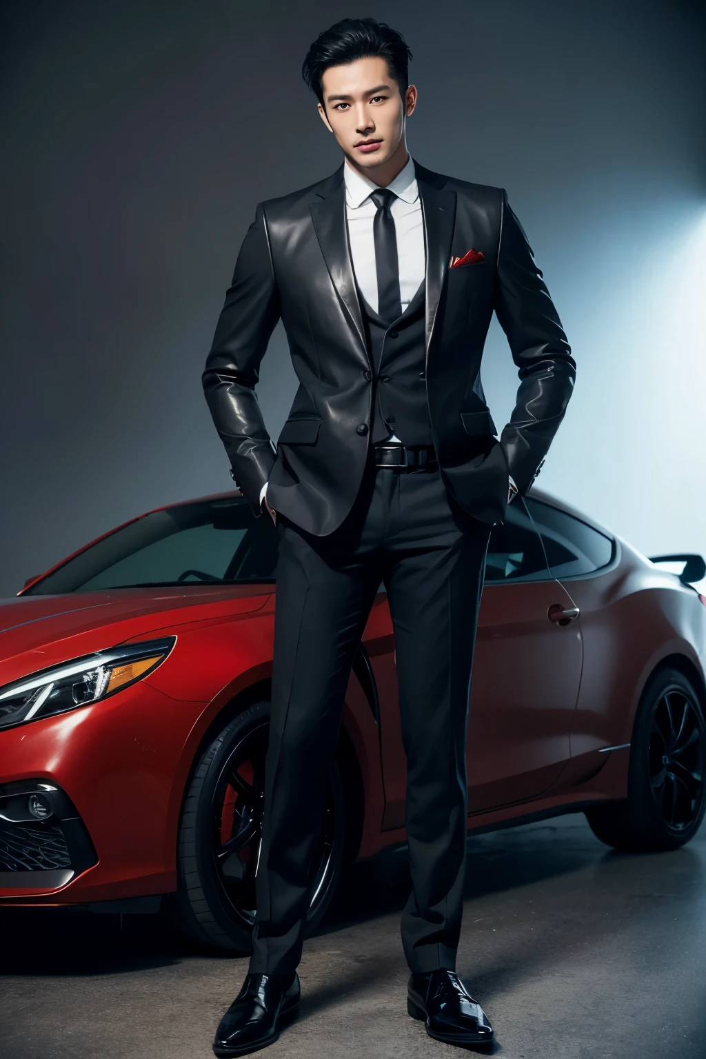 A Putian man with eight-pack abs，Height 183，Age 39，Oil head，wear a suit，leather shoes