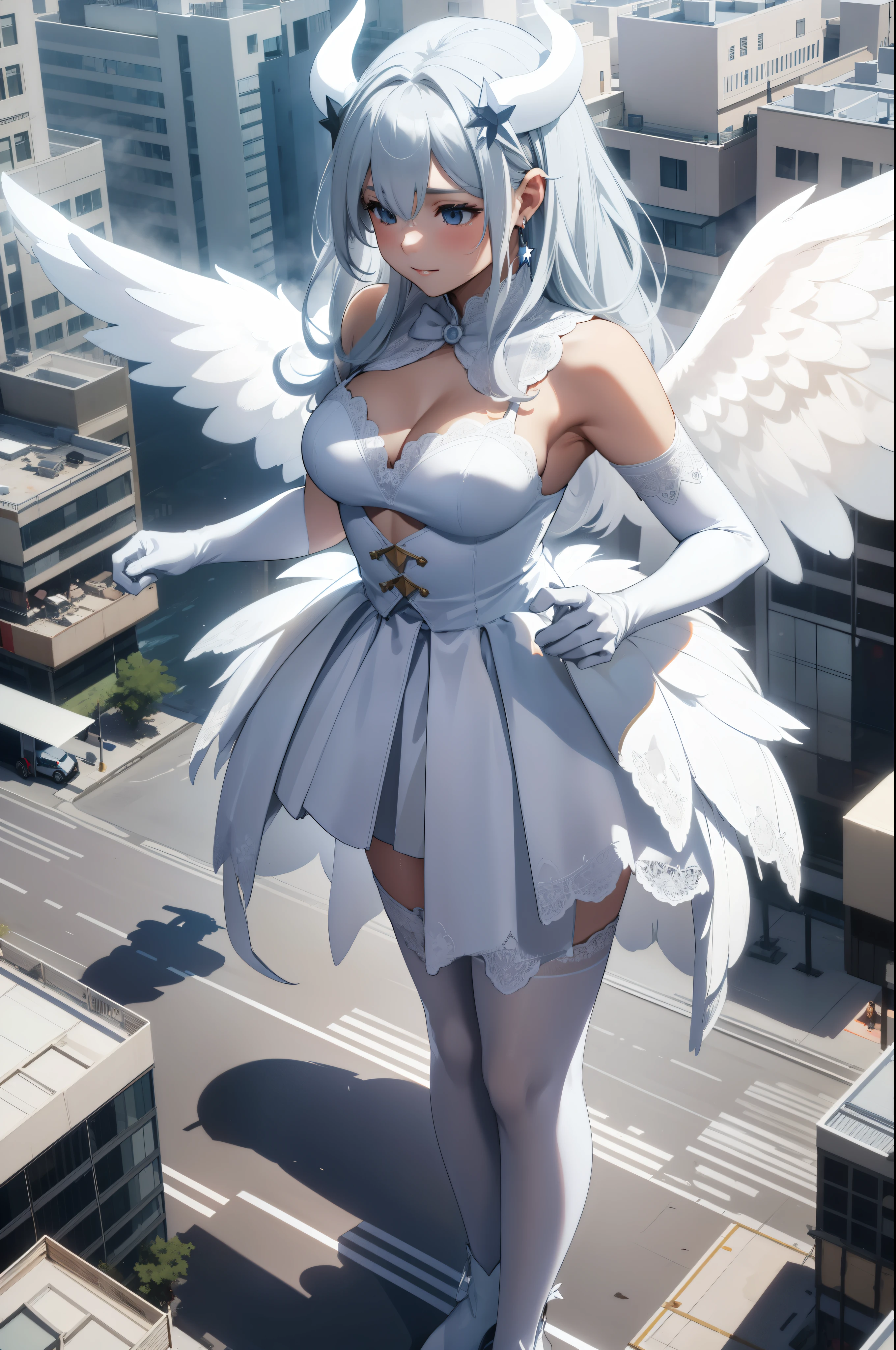Aerial View,giant girl 50,000 feet high,Weight 1000kg,Has a pair of huge white angel wings,With huge devil horns on his head,Wearing a white crown on her head,Wearing white earrings,She has floor-length white hair.,loose hair,Long white wavy hair,Wearing a pair of white boots on her feet,White lace gloves,White lace pantyhose,Bow and star embellished tights,白色蕾丝whole body,Standing tall above the small town,Beautiful appearance,Exquisite makeup,quality,8k,高quality,Perfect proportion, Cinema lighting,film grain,Fuji colors,8k,textured skin,Super details,high detail,high resolution,fake smile,blood stains,脚底有blood stains,whole body,fat,feather