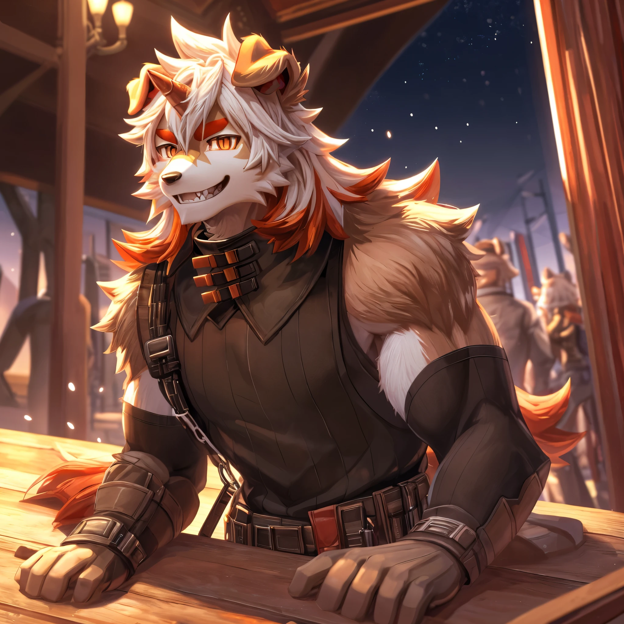 masterpiece, best quality, official art, Extremely detailed CG unified 8k wallpaper, overtake详细, Best Illustration, best shadow, perfect lighting,white fur, hairy male, Dog boy, hairy, Two-tone fur,male focus,striped hair, dog ears, animal ears,brown fur, Bangs, orange hair, white hair, medium hair, orange eyes, alone,black pupils，Orange tail，hairy尾巴，tall and strong，Smile，toothy,solo,hairy,hairy尾巴,Detailed background,4K,CG beautiful,depth of field, perfect lighting, The highest quality of light particles),(masterpiece),(overtake,sharp focus,light particles,eyes,watching_exist_audience, Smile, alone, hairy,Upper body, Sunlight, table,锐利的eyes,White teeth,开朗的Smile