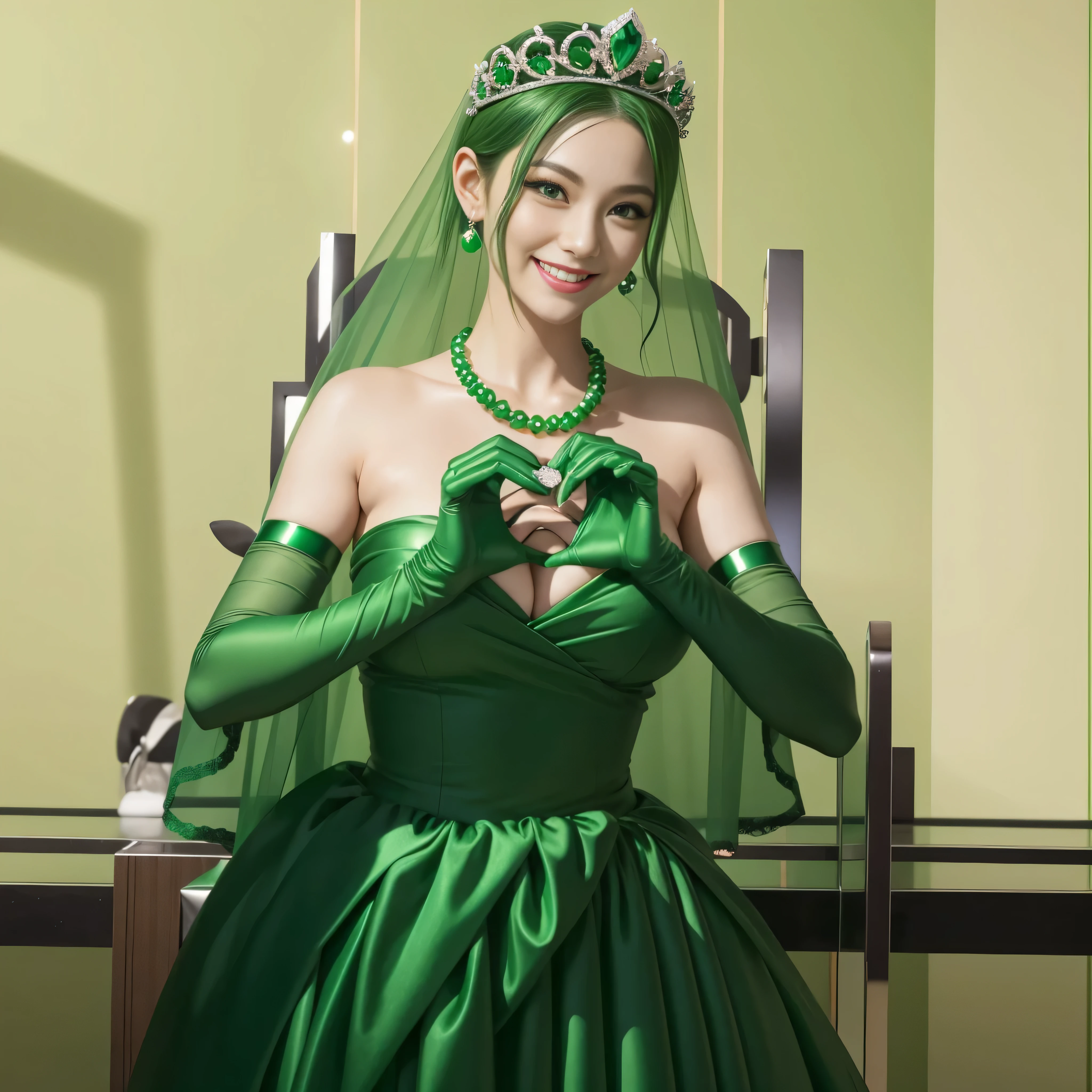emerald tiara, green pearl necklace, ボーイッシュな非常に短いgreen hair, lipstick, smiling Japanese woman, very short hair, Beauty with large breasts, green eyes, Long Green Satin Gloves, green eyes, emerald earrings, green veil, heart with both hands, green hair