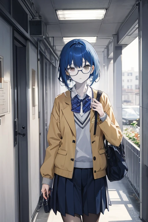 1 zombie, mature, school uniform,jacket, Cute,  anime,blue hair, White skin, gray eyes,School Corridor, glasses