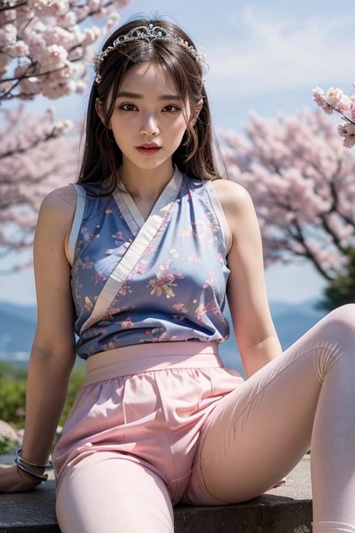 with blue sky and white clouds,mountain in the distance,pink flowers,cherry trees,Hanfeng girl,phoenix crown tiara、Dense embroidery、Wearing Hanfu pantyhose、wearing sleeveless Hanfu、You can clearly see the transparent pants、Look at the oversized breasts in panties and panties、raw,(8K、top-quality、tmasterpiece:1.8)、(intricate detailes:1.8)、(真实感:1.8)、octane renderings、Complex 3D rendering ultra detail, Studio Soft Light, edge light, vibrant detail, super detailing, realistic skin textures, Detail Face, beautidful eyes, Very detailed CG Unity 16k wallpaper, cosmetics, (detailedbackground:2.0), Skin glow、Spread your legs,camel toes showing thighs!!!、