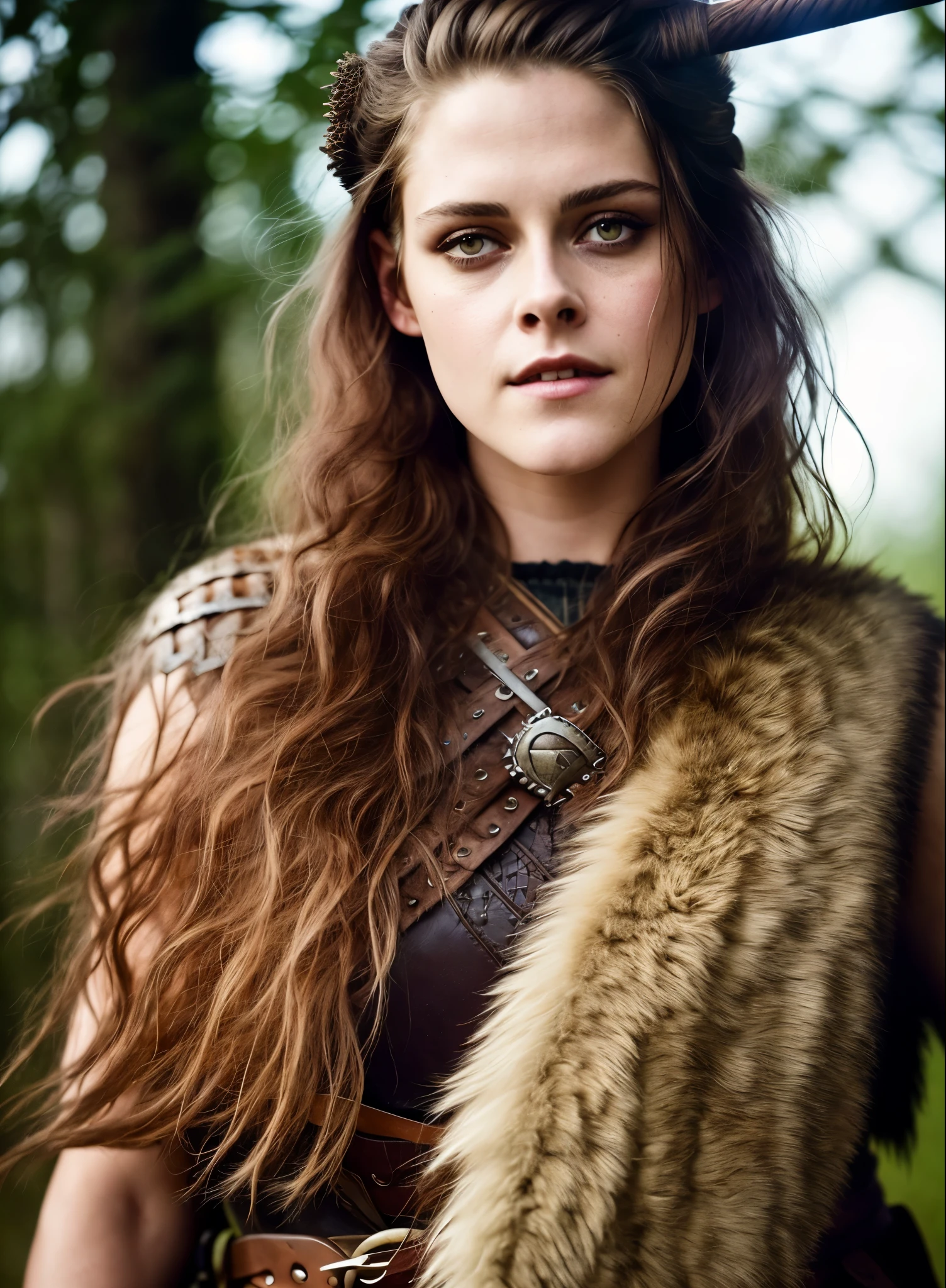 Looks like Kirsten Stewart, A stunning intricate full color portrait of (sks woman:1) as (viking warrior), (barbarian),  Barbarian warrior queen,  fluffy streax hair, styled hair, epic character composition, by ilya kuvshinov, alessio albi, nina masic, sharp focus, natural lighting, subsurface scattering, f2, 35mm, film grain, 