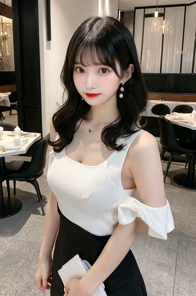 woman, 20-year-old, short black wavy hair、bangs、emphasize the nipples、erotic、whole body、white dress、black tights、medium milk, cute笑顔、sexy hips、big necklace、cute earrings、fine dining restaurant、cute、slender body shape