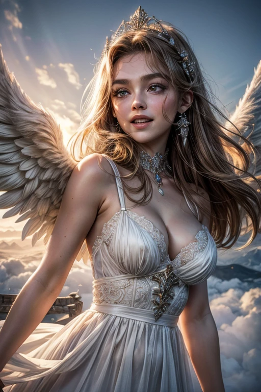 photo realistic, masterpiece, best quality, (highly detailed skin:1.3), (extremely detailed eyes and face:1.3), absurdres, 8k resolution, from front, (light on face, soft light,:1.3), upper body, 1girl, 18yo, (cute:1.3), (european actress:1.8), (big laugh:1.2), (round face:1.3), wide forehead, (big eyes:1.5), (long eyelashes:1.4), huge breasts, blonde hair, angel costume, white dress, (cleavage), standing, (angel's wings:1.3), (above the clouds:1.3), heaven, bright,