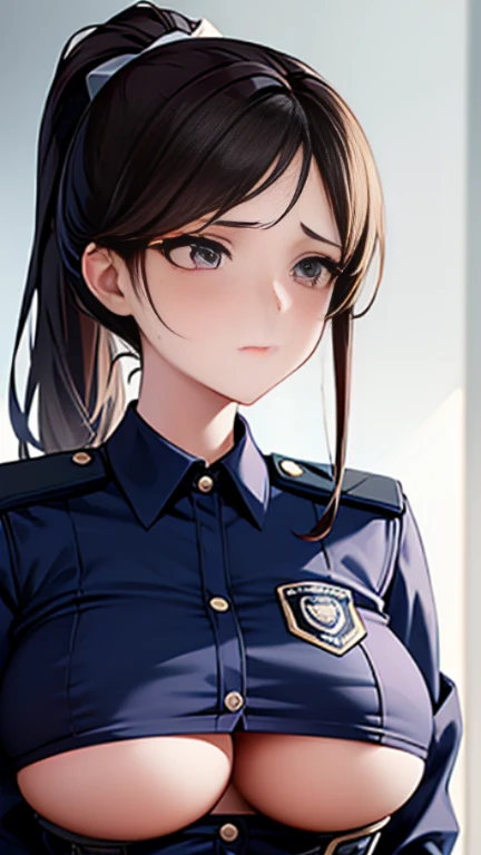 Busty female police officer in charge of sex treatment of prisoners,woman being raped, Flip through clothes to show,brown hair,ponytail hair blush,crying face, (sharp eyeliner, eye shadow, fine eyes:1.1),Tears from the eyes,turn to the side and look away,long tits,Saggy,erect nipples,Upper body angle,nervous woman,police official uniform,torture place