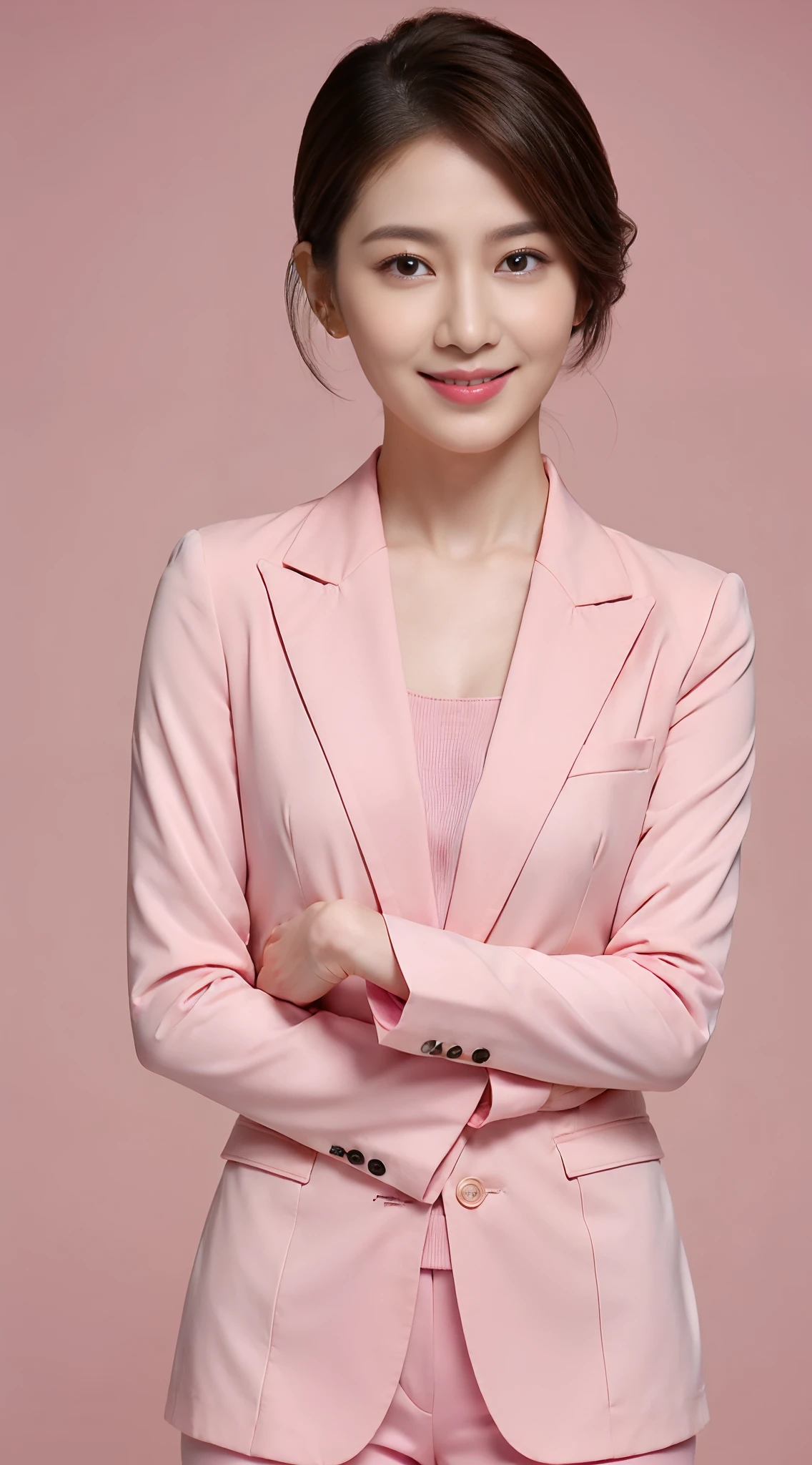 Highest image quality、ultra high resolution、1 girl、pretty face、Short hair details､The announcer wears a pink color tight long-sleeved suit、Online customer service、simple background, Charmaine She