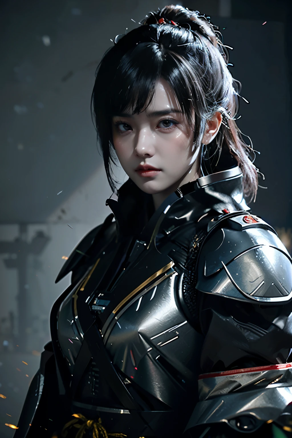 Game art,The best picture quality,Highest resolution,8K,((A bust photograph)),((Portrait)),(Rule of thirds),Unreal Engine 5 rendering works, (The Girl of the Future),(Female Warrior), 22岁少女,(Female hackers),(Ancient Oriental hairstyle),(A beautiful eye full of detail),(Big breasts),(Eye shadow),优雅迷人,冷漠,((Frown)),(Battle wear full of futuristic tech,Clothing combines futuristic power armor and police uniforms,The garments are adorned with glittering patterns and badges),赛博朋克人物,未来风格, 拍照姿势,城市背景,Movie lights,Ray tracing,Game CG,((3D Unreal Engine)),oc渲染反射纹