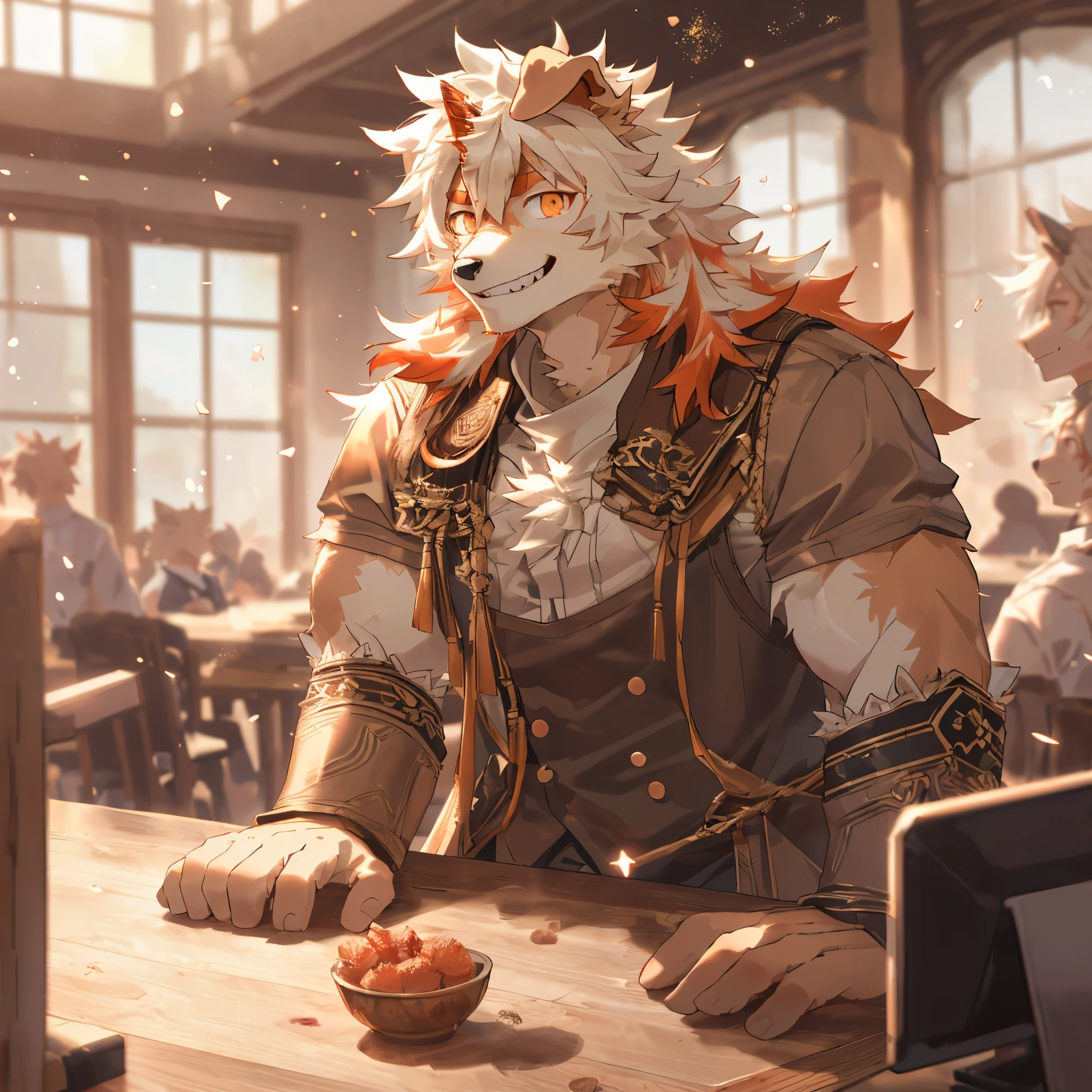 masterpiece, best quality, official art, Extremely detailed CG unified 8k wallpaper, overtake详细, Best Illustration, best shadow, perfect lighting,white fur, hairy male,hairy, Two-tone fur,striped hair, dog ears, animal ears,brown fur, Bangs, orange hair, white hair, medium hair, orange eyes, alone,black pupils,Orange tail,hairy尾巴,tall and strong,Smile,toothy,solo,hairy,hairy尾巴,Detailed background,4K,CG beautiful,depth of field, perfect lighting, The highest quality of light particles),(masterpiece),(overtake,sharp focus,light particles,eyes,watching_exist_audience, Smile, alone, hairy,Endearing,Upper body, Sunlight, table,锐利的eyes,White teeth,开朗的Smile,Upper body,office,table,window,optimistic,Serious yet dignified,only,young,overtake清屏幕,soft lines,(overtake详细),depth of field, motion blur,Smile