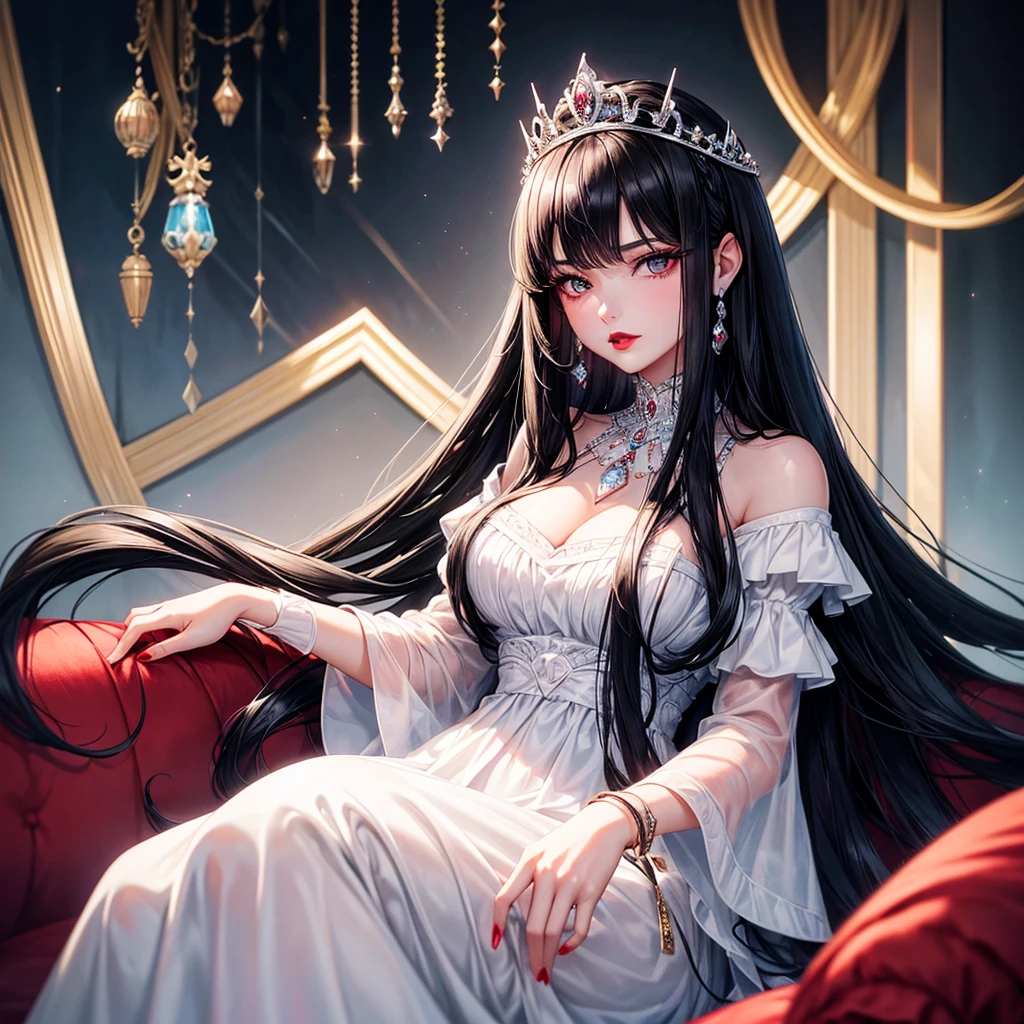 30 years old girl medium size eye her eyes are sky blue colour black hair medium size lips long hair white skin tone red lips she is wearing a royal Princess dress (black) wearing glass hill she has a crown in her head