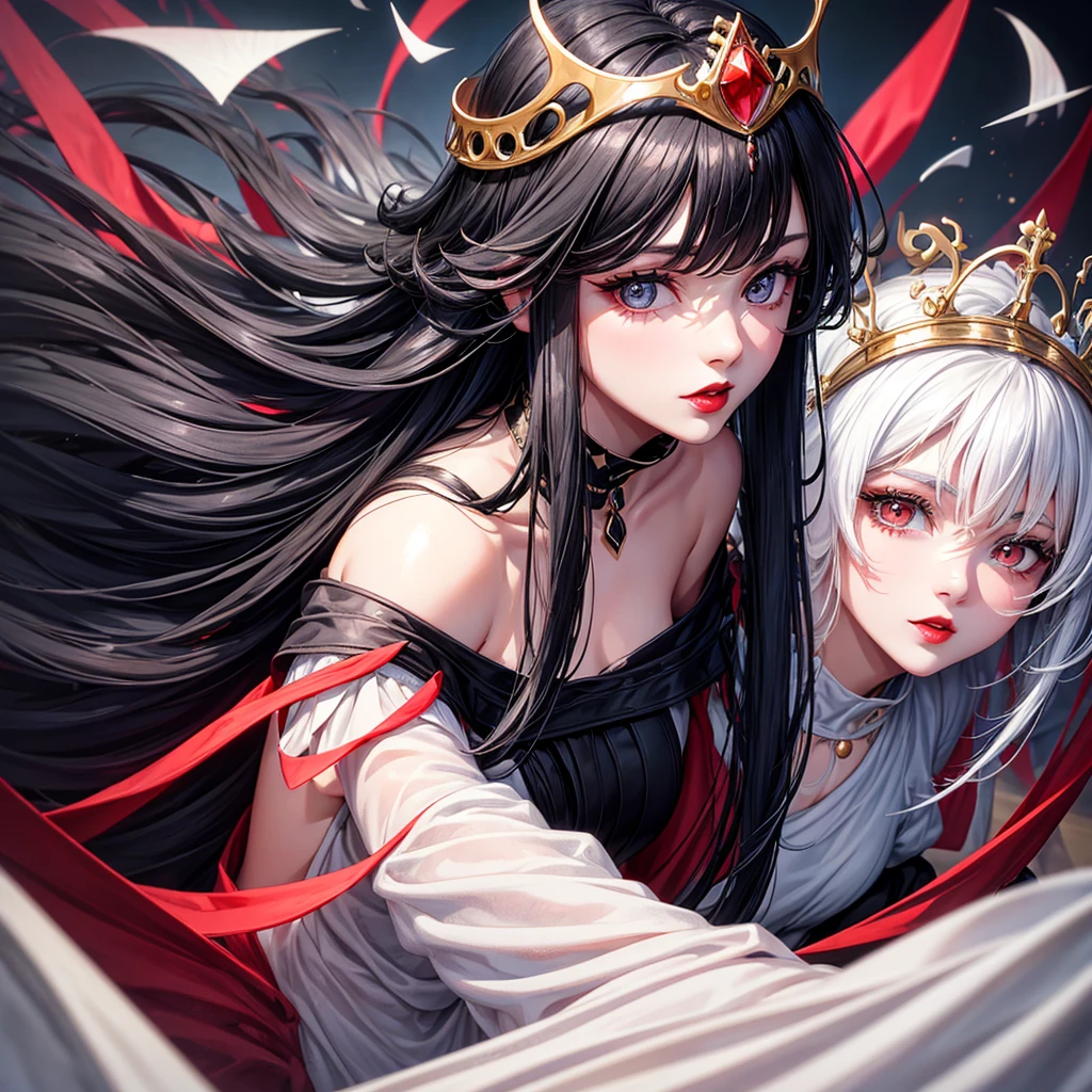 30 years old girl medium size eye her eyes are sky blue colour black hair medium size lips long hair white skin tone red lips she is wearing a royal Princess dress (black) wearing glass hill she has a crown in her head