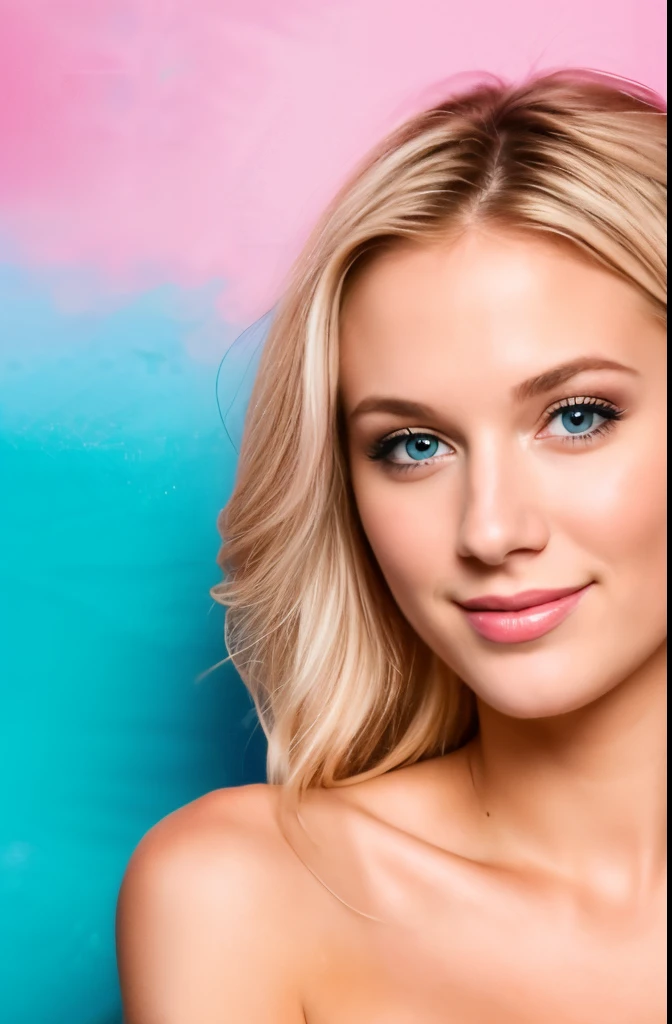 Create a stunning image showcasing the vibrant personality and confidence of a 20-year-old blond woman against a pink backdrop that complements her features, she has natural breasts, she has vibrant blue eyes,