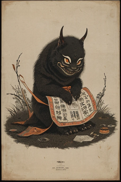((jumpscare)), Outline warm color, ((festival)), ((Chojugiga)), ((Shihon Bokuga)), antique, (anthropomorphism), (Sumi-e), Monochrome art, (Old paper style illustration), (hunting paintingural style, Little monster, old performance, variational pointillism, flat illustration, eerie, (horror elements), eerie worldview, (primitive art), Outline warm color, old picture scroll style, old staging, Ancient mural style