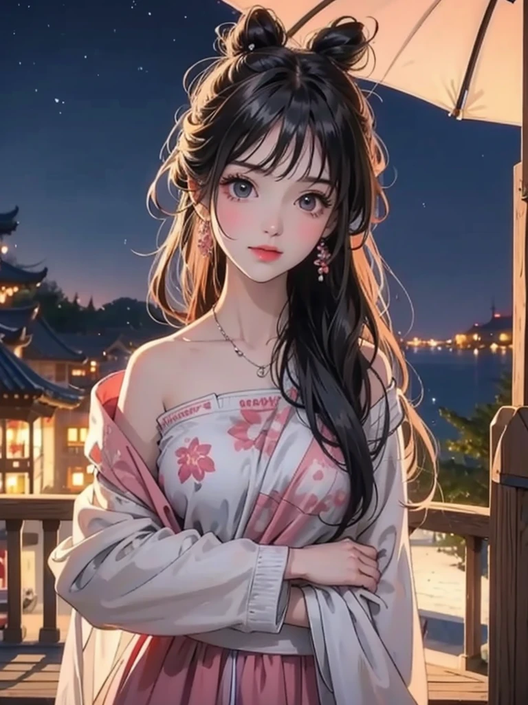 Under the moonlight,blooming peach tree,Peach blossoms flutter in the wind,A costumed girl