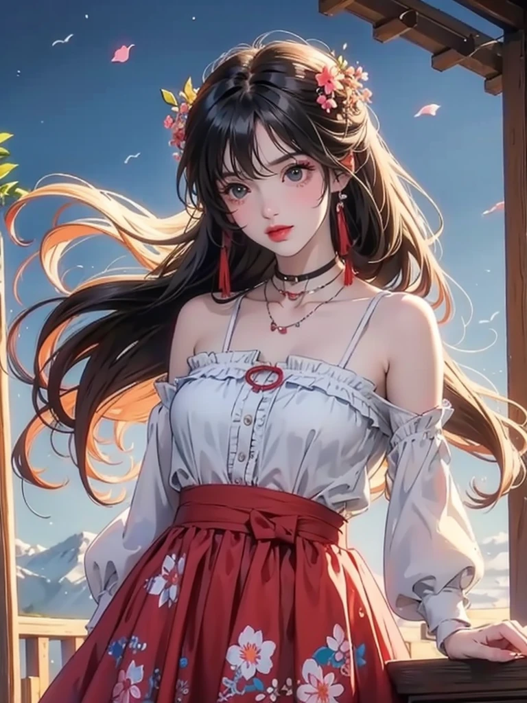 Under the moonlight,blooming peach tree,Peach blossoms flutter in the wind,A costumed girl