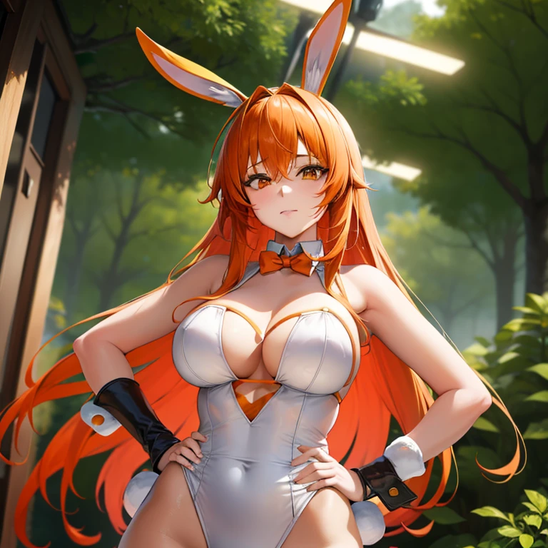 Anime girl with vibrant orange hair and enchanting bunny ears (1.5)
(anime_style:1.1), (orange_hair:1.4), (bunny_ears:1.6),
Masterpiece, best quality, highres,
Detailed face:1.2,
Cinematic lighting:1.8,
Soft focus:1.9,
Dynamic angle:1.7,
Background: (serene_garden:1.3),
Head:1.3,

The anime girl gracefully poses with her hands resting on her hips, her orange hair cascading in the gentle breeze, twisted