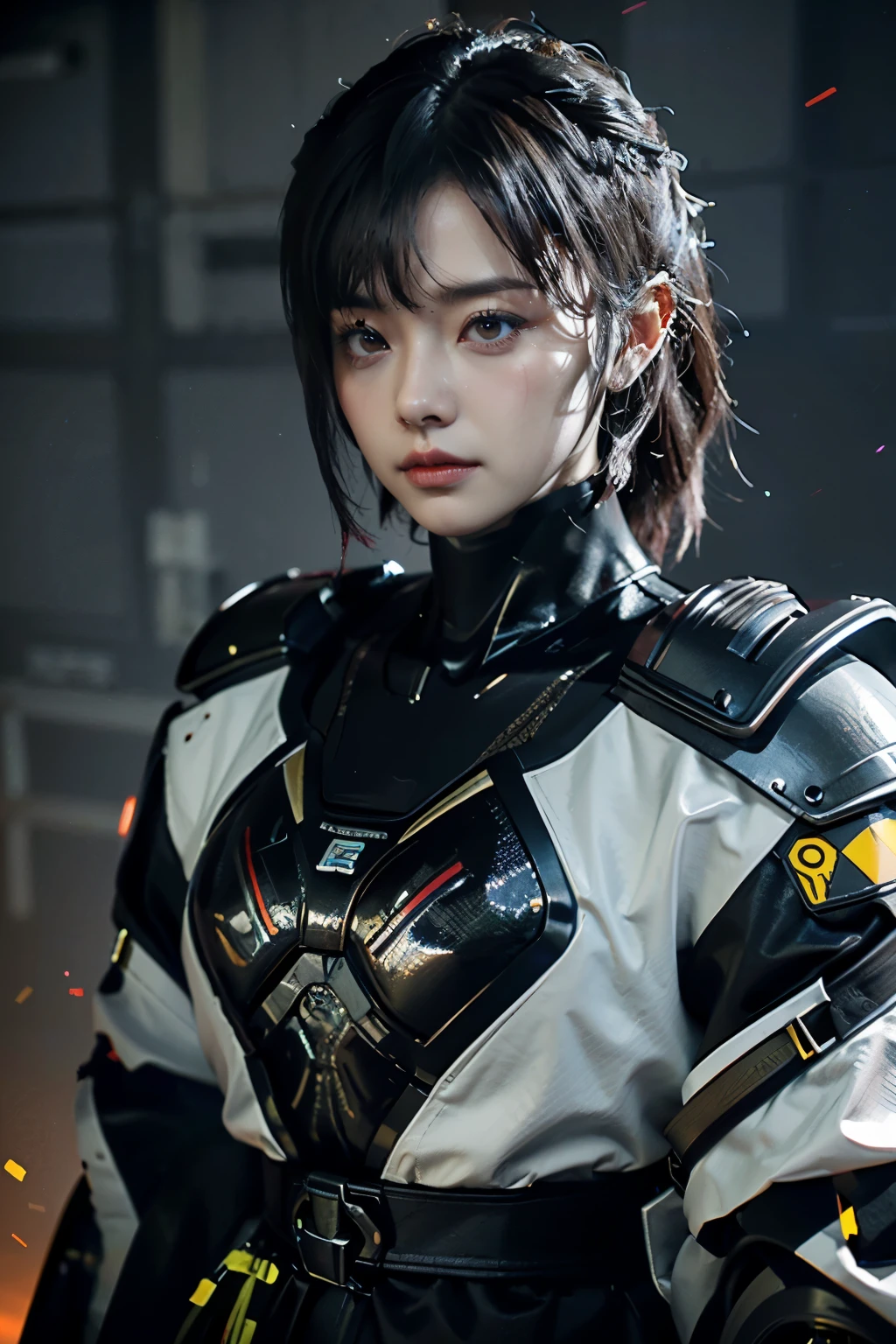 Game art,The best picture quality,Highest resolution,8K,((A bust photograph)),((Portrait)),(Rule of thirds),Unreal Engine 5 rendering works, (The Girl of the Future),(Female Warrior), 22岁少女,(Female hackers),(Ancient Oriental hairstyle),(A beautiful eye full of detail),(Big breasts),(Eye shadow),优雅迷人,冷漠,((Frown)),(Battle wear full of futuristic tech,Clothing combines futuristic power armor and police uniforms,The garments are adorned with glittering patterns and badges),赛博朋克人物,未来风格, 拍照姿势,城市背景,Movie lights,Ray tracing,Game CG,((3D Unreal Engine)),oc渲染反射纹