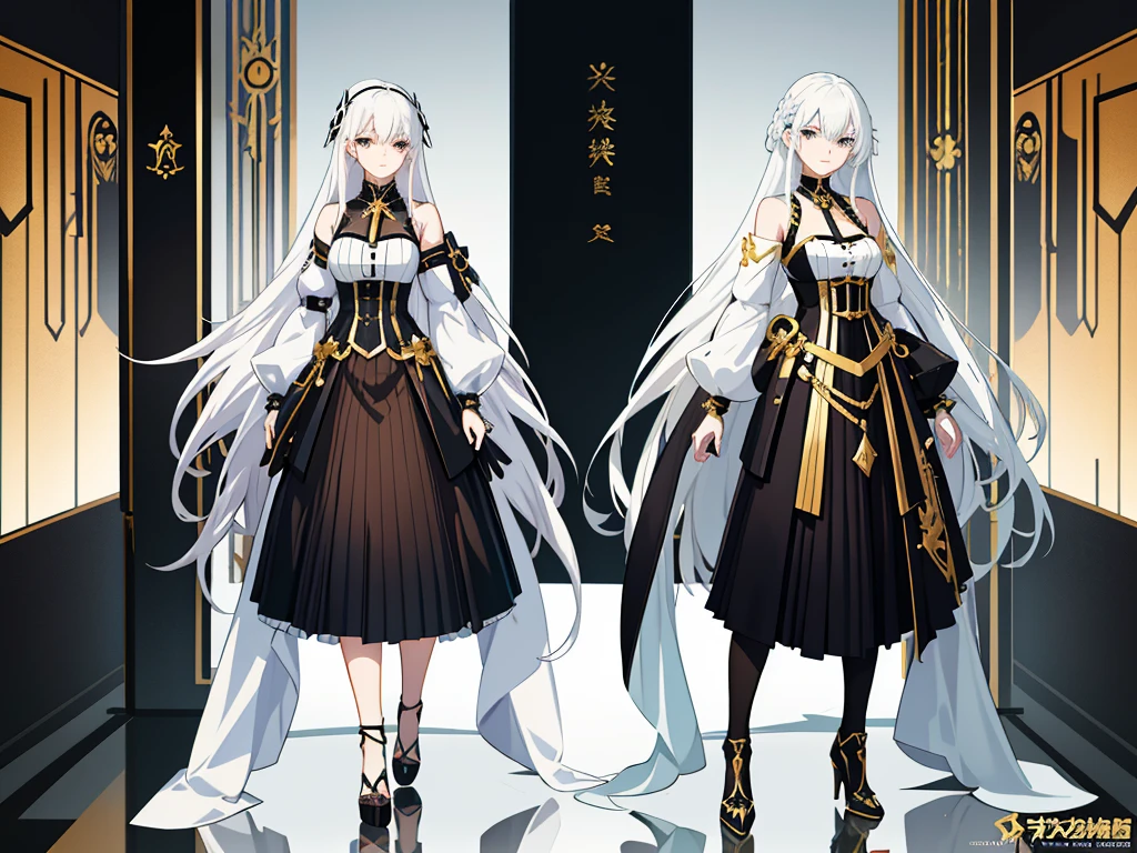 Anime characters with white hair and black dress with gold accents, Anime girl wearing black dress, Anime character design, detailed anime character art, Anime character art, Kushatt Krenz Key Art Women, pretty anime character design, best anime character design, high quality character design, from girls frontline, ( ( concept art of character ) ), trending on artstation pixiv