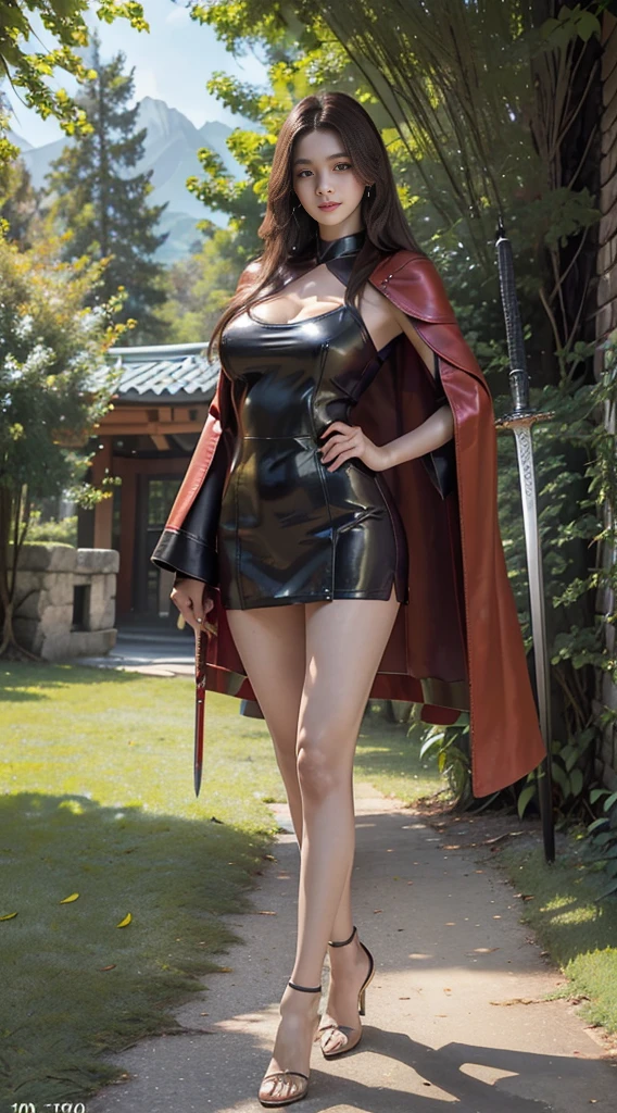 Woman in red silver dress, sexy, sexy outfit, ((Sexy Walk)), Immersive art station, ศิลปะFantasyที่มีรายละเอียด, Amazing character art, Excellent and neat character art, ((magic weapon)), beautiful armor, very detailed, red silver armor girl, Exquisite headdresses and ornaments, (best quality, 10, Masterpiece :1.3), (realistic, ภาพrealistic: 1.37), (1 girl), (Beautiful women between the ages of 18-20), (thin), (Focus on the slender abdomen.. :1.3), (Korea), (Short pastel leather dress, Long red leather cloak, Show your arms and shoulders., white leather skirt, short leather skirt, Emphasize her legs, High groove), (รองเท้าHeel Height), (Random pose), Huge breasts, exposed cleavage, ((dark brown hair, long hair)), exquisite face, Open the show, Fantasy, Slender figure, Very smooth face, Good eyes, Double eyelids, (long hair, Random hairstyles), (big girl :1.3), (outdoor), (Extraordinarily detailed face), (Detailed eyes), (Double eyelids), (Eyeshadow makes eyelashes look thicker.......), obscure, (Long legs, Heel Height), (((Whole body))), (professional lighting), (Photon mapping), (Radiation), silver red armor girl, ((magic beam)), magic, (Look directly at the audience.....), background, (cliff, mountain, cave mouth, stone, Dungeon, Slime, monster)