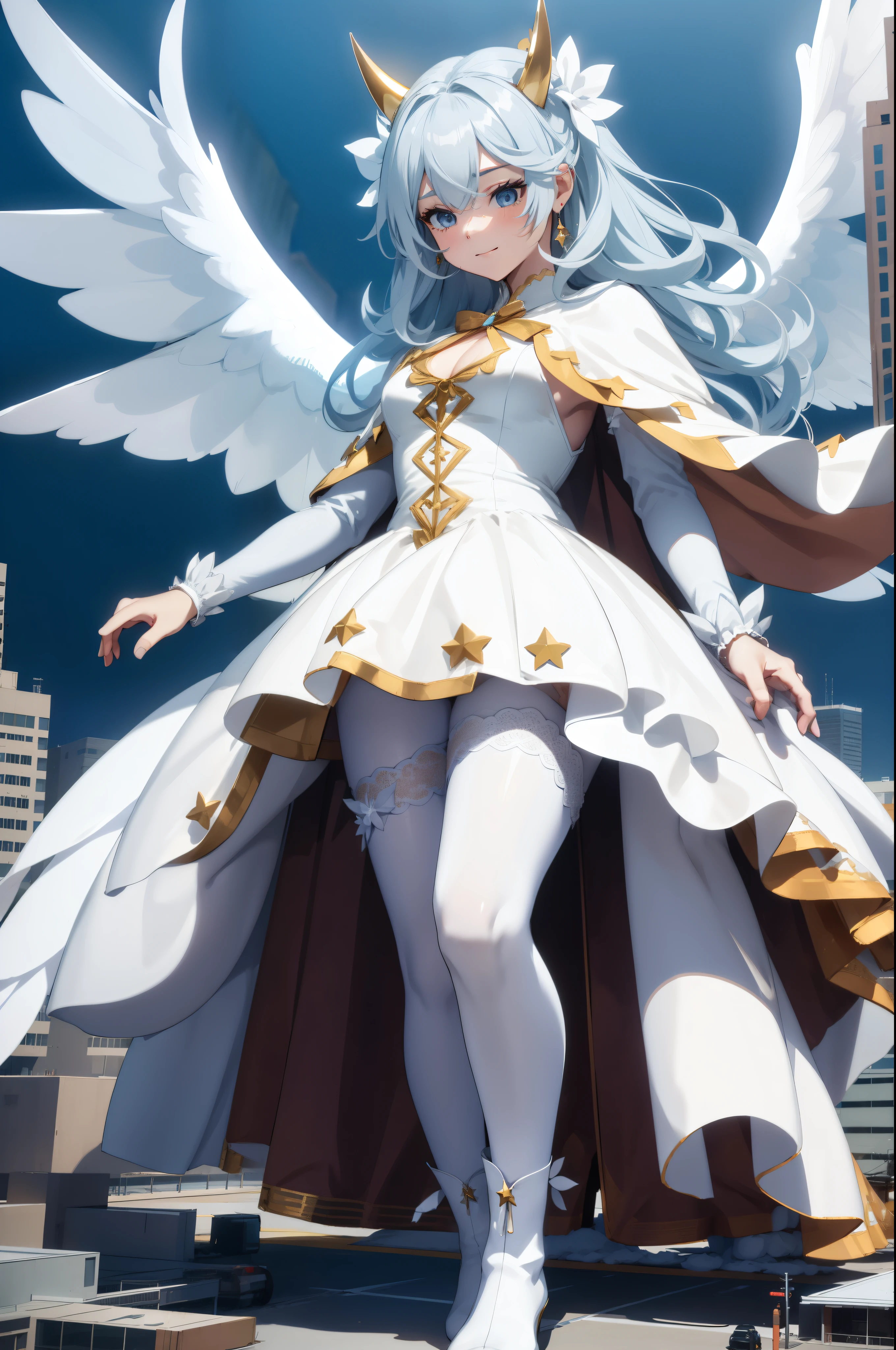 Aerial View,giant girl 50,000 feet high,Weight 1000kg,Has a pair of huge white angel wings,With huge devil horns on his head,Wearing a white crown on her head,Wearing white earrings,She has white hair that reaches her feet,loose hair,Long white wavy hair,Wearing a pair of white boots on her feet,White lace gloves,White lace pantyhose,Bow and star embellished tights,白色蕾丝whole body,Standing tall above the small town,Beautiful appearance,Exquisite makeup,quality,8k,高quality,Perfect proportion, Cinema lighting,film grain,Fuji colors,8k,textured skin,Super details,high detail,high resolution,fake smile,blood stains,脚底有blood stains,whole body,fat,feather