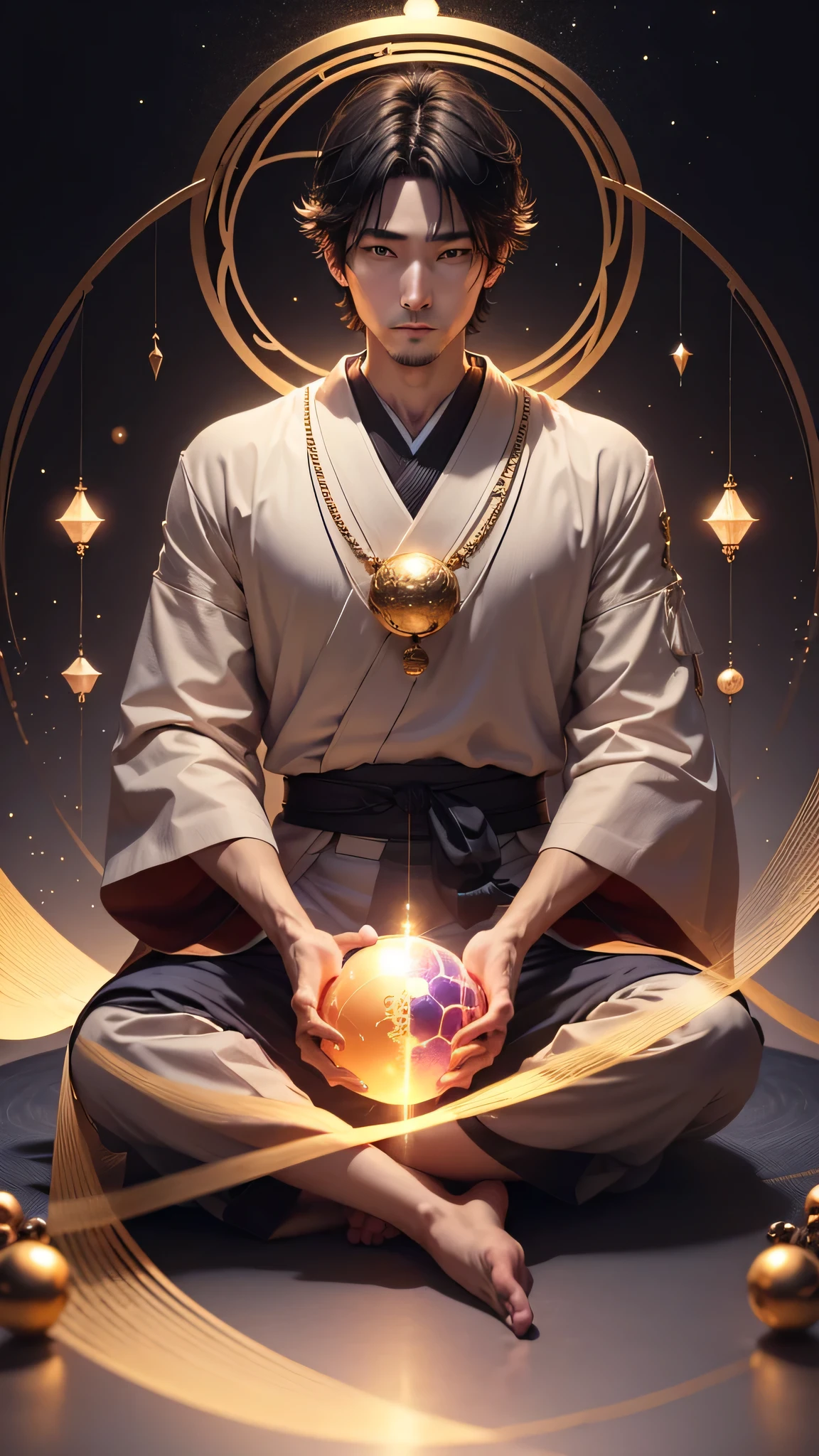 Male, 30 years old, Japan,Holding a glowing sphere in both hands,stare at the camera,Sit cross-legged and meditate, In the center is a crystal ball that shines gold..,clear facial features,very bright colors, particles of light, light shines, Musif, wallpaper art, UHD Wallpapers、Fortune up