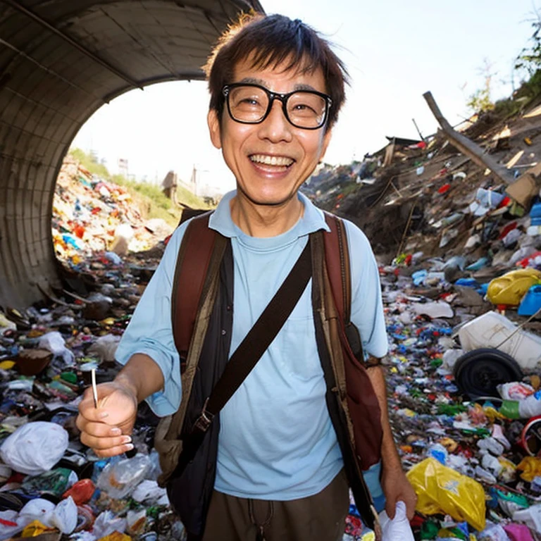 Japanese, male, Broad figure, First old age, Not high quality, realistic, Being in a garbage dump, glasses, Are fat, laughing, holding trash in hand, carrying a small squirrel on his shoulder,