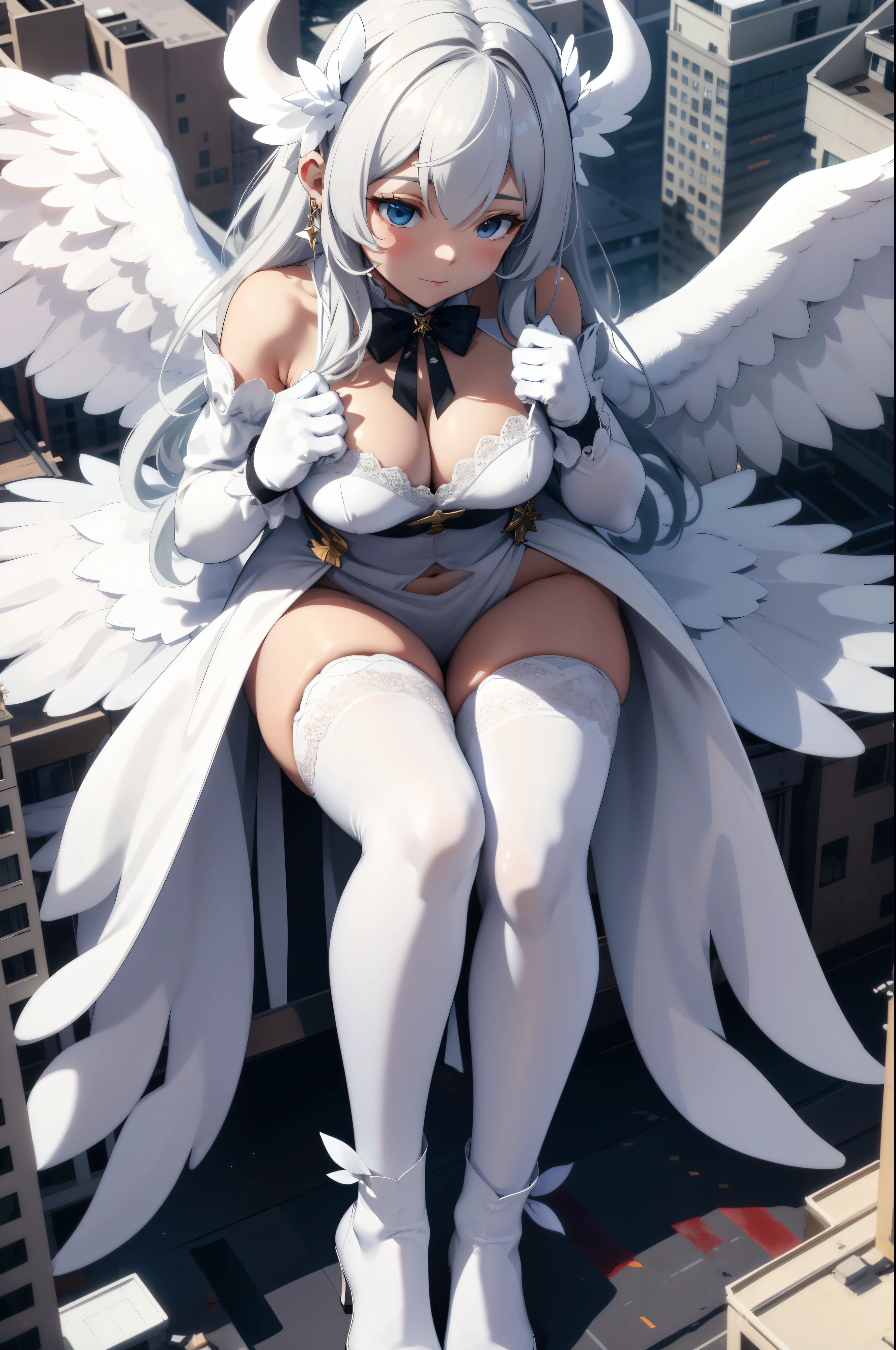 Aerial View,giant girl 50,000 feet high,Weight 1000kg,Has a pair of huge white angel wings,With huge devil horns on his head,Wearing a white crown on her head,Wearing white earrings,She has white hair that reaches her feet,loose hair,Long white wavy hair,Wearing a pair of white boots on her feet,White lace gloves,White lace pantyhose,Bow and star embellished tights,白色蕾丝whole body,Standing tall above the small town,Beautiful appearance,Exquisite makeup,quality,8k,高quality,Perfect proportion, Cinema lighting,film grain,Fuji colors,8k,textured skin,Super details,high detail,high resolution,fake smile,blood stains,脚底有blood stains,whole body,fat,feather