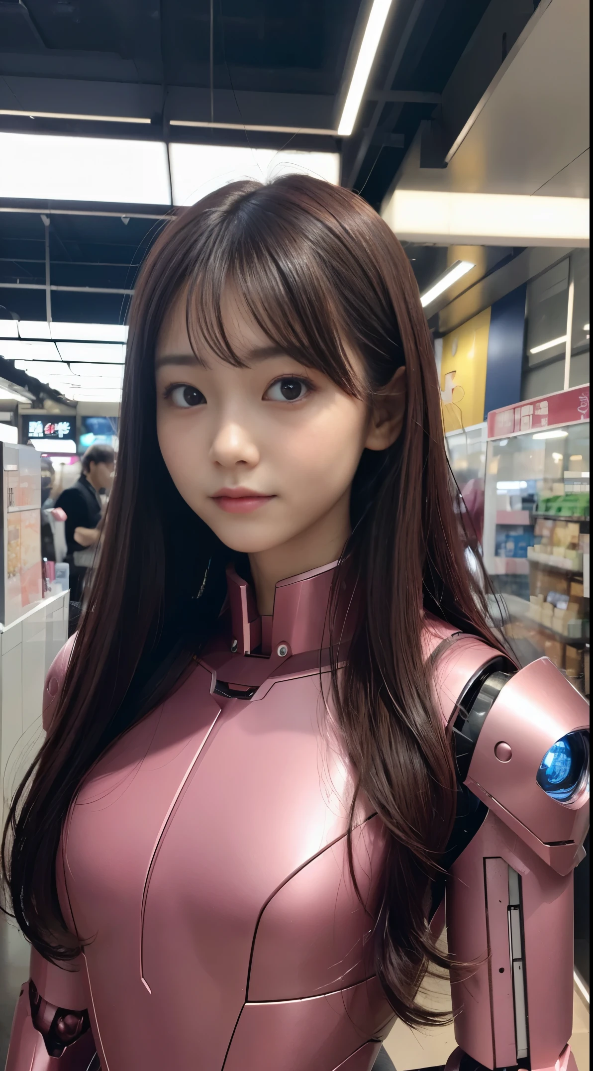 (Photorealsitic:1.4)、girl with1a person、(top-quality),(hyperdetailed face)、(Super well-formed face)、((Robot Parts))、(Cyborg girl)、(pink there)、(Burgundy)、(metalic)、(full bodyesbian)、(Moe Pose)、(thin)、(tits out)、(Model body type)、(mecha exposure)、(akihabara)、(Looking at the camera)、(A dark-haired)、(9Head and body)、(Small face)、(Well-formed fingers)、(idol)、(frontage)、(is standing)、(Photo session)、(Looks sad)、(a secretary)