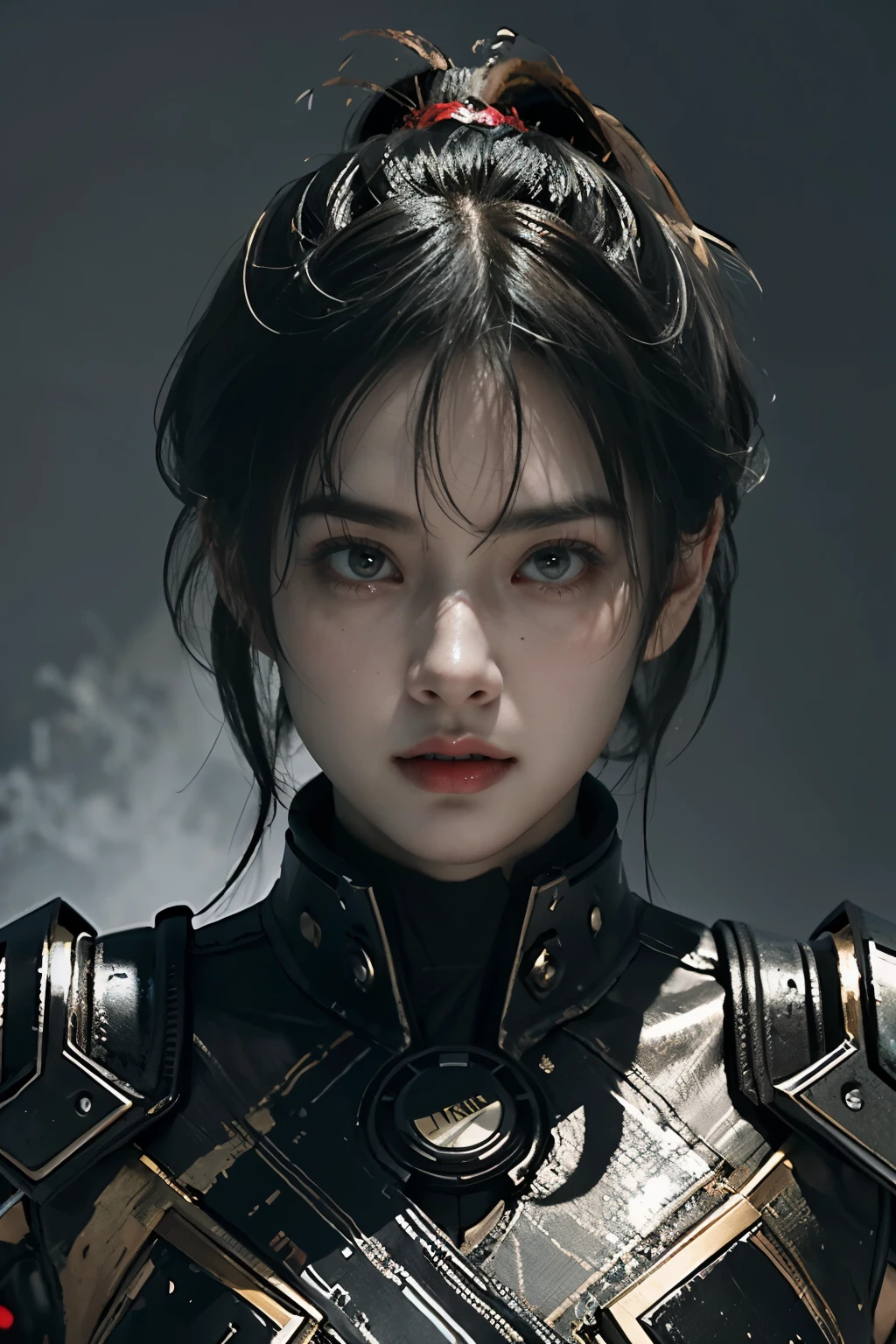 Game art，The best picture quality，Highest resolution，8K，((A bust photograph))，((Portrait))，(Rule of thirds)，Unreal Engine 5 rendering works， (The Girl of the Future)，(Female Warrior)， 22岁少女，(Female hackers)，(Ancient Oriental hairstyle)，(A beautiful eye full of detail)，(Big breasts)，(Eye shadow)，优雅迷人，冷漠，((Frown))，(Battle wear full of futuristic tech，Clothing combines futuristic power armor and police uniforms，The garments are adorned with glittering patterns and badges)，赛博朋克人物，未来风格， 拍照姿势，城市背景，Movie lights，Ray tracing，Game CG，((3D Unreal Engine))，oc渲染反射纹