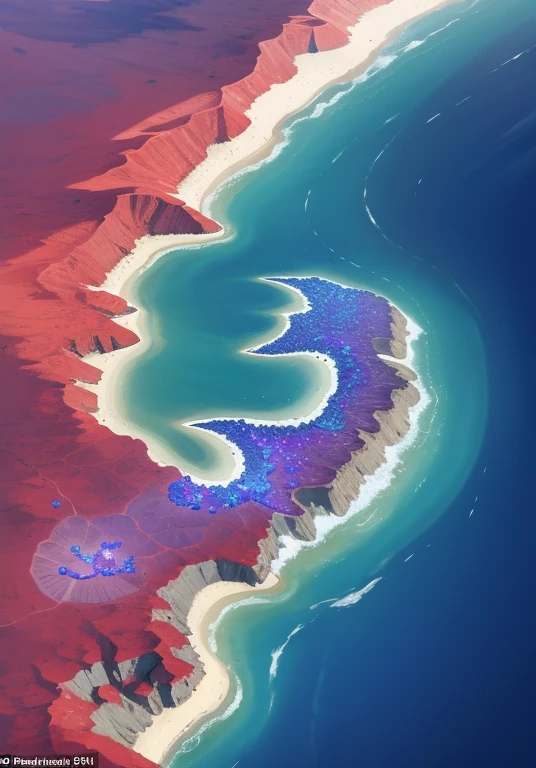 The seawater within 30m around the island appears light red，There are a small amount of blue-purple crystals