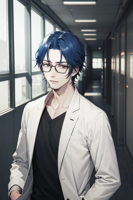 1 zombie, mature, man, White shirt,jacket, Cute,  anime,blue hair, White skin, gray eyes,School Corridor, glasses