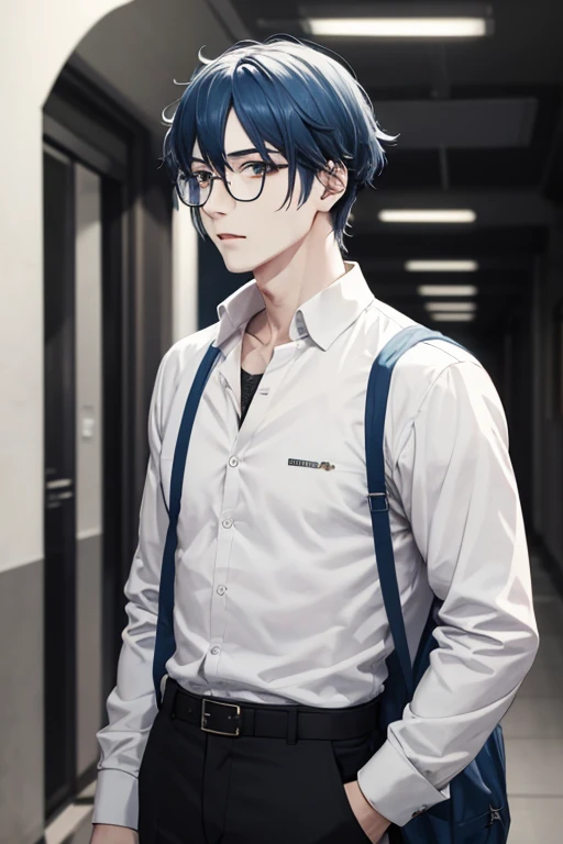 1 zombie, mature, man, White shirt,jacket, Cute,  anime,blue hair, White skin, gray eyes,School Corridor, glasses