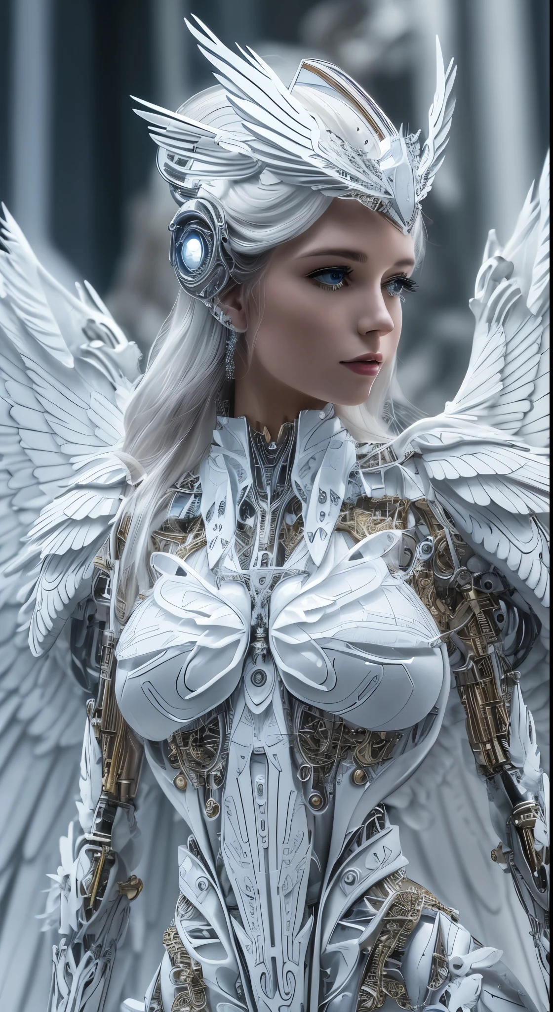 a close up of a woman in a white dress with wings, full body angel, futuristic robot angel, magnificent angel wings, angel knight gothic girl, angel in plastic armor, intricate costume design, as a mysterious valkyrie, whole body made of white feathers,, futuristic and fantastic, white wings, beautiful angelic wings, steampunk angel, beautiful cyborg angel girl, graceful wings