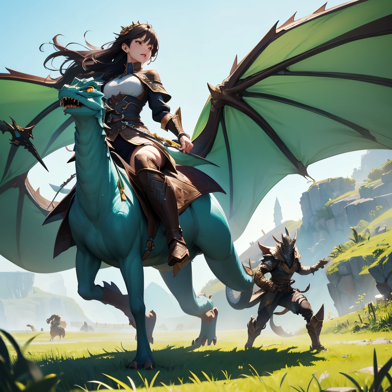 Super high resolution、Super high quality、8K、Detailed details、marvelous expression、Beautiful slender woman、fight the dragon monster、monster hunter character costume、Vast grassland background、