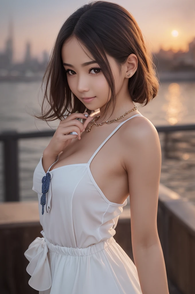 Highly detailed full body Dark green apron, black bow tie, (((extreme close up)), (pale), 18 year old perfect face girl, big breasts, one girl, alone, (detailed face), (perfect detailed eyes: 1.1), (非常にfine skin: 1.1), sliver necklace, slim, skinny, thin, skinny, skinny, good looking, Waiter, perfect athletic body, white shirt, model shooting style, professional photos, Photorealistic, cinematic, realistic, sunset, Cafe Background, real human skin, (fine skin Pore), highly detailed eyes, fine skin, skin texture, intricately detailed, small details, born, analog, sharp focus, born, 8K UHD, High resolution, Digital single-lens reflex camera, high quality, Fujifilm XT3, award-winning, masterpiece, Cafe, cappuccino, Scenery of making latte art, (High resolutionスキン: 1.4), (RAW photo, 最high quality), (realistic, photorealistic: 1.7), smile, cute pose, heart with fingers, --s2