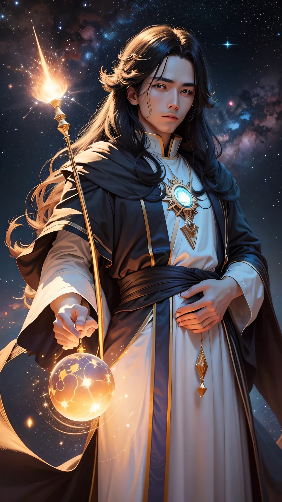 In the vast expanse of the cosmos, There exists a mysterious and powerful astronomical mage, Its name is Aios. as an astronomical mage, Eos holds the energies and mysteries of the universe and galaxies. Ios is、She wears a navy blue robe with a pattern of twinkling stars and galaxies on it.。.. His figure is thin and tall, 他のpeople々show a different temperament from between. Long black hair with a mysterious shine., while his eyes shine brightly, Contains cosmic wisdom and star power. in his hand, he has a staff that emits starlight, And at the end of the cane is a miniature model of the universe., Floating like a real galaxy. as an astronomical mage, Eos can interconnect with cosmic forces. he manipulates star energy、Can mobilize star power. By manipulating the orbits and order of the stars, he、Can predict changes in celestial phenomena and future cosmic events。. he drew a vivid map of the stars in the night sky.、may be able to reveal the universe. In Agios astronomy、Also includes the ability to manipulate stars. he summons a meteor shower、Can transport countless stars to the ground, Bring blessings and surprises to special occasions. he can manipulate the gravity of stars, change the orbit and speed of a celestial body, Move planets and satellites in space as you wish. In addition to manipulating the stars, ios' 知性のおかげで彼は宇宙と天文学の研究において比類のないpeople物となった. He is well versed in celestial mechanics and the origin and evolution of the universe, Can explain the mysteries of the universe and the nature of gravity at the center of the universe. he constantly observes changes in the universe、people々々It led to an understanding of the wonders and wonders of the universe... Ios is宇宙の平和の探求者でもあります.. He uses his wits and powers to help the inhabitants of distant planets.、lead. in cooperation with other intelligent species in the universe、Promote the development of civilization and technological progress。.。. he is trying to protect the earth'Ecological balance and sustainable use of resources。, Calling for respect and consideration for the universe. ios is a mysterious and intelligent astronomical magician.、Its presence fills the universe with harmony and wonder..。. その力で宇宙の神秘をpeople々々convey、Protect the peace and prosperity of the universe。. その名は星空に輝きpeople々々Become the light of the universe in your heart. The face is looking straight forward