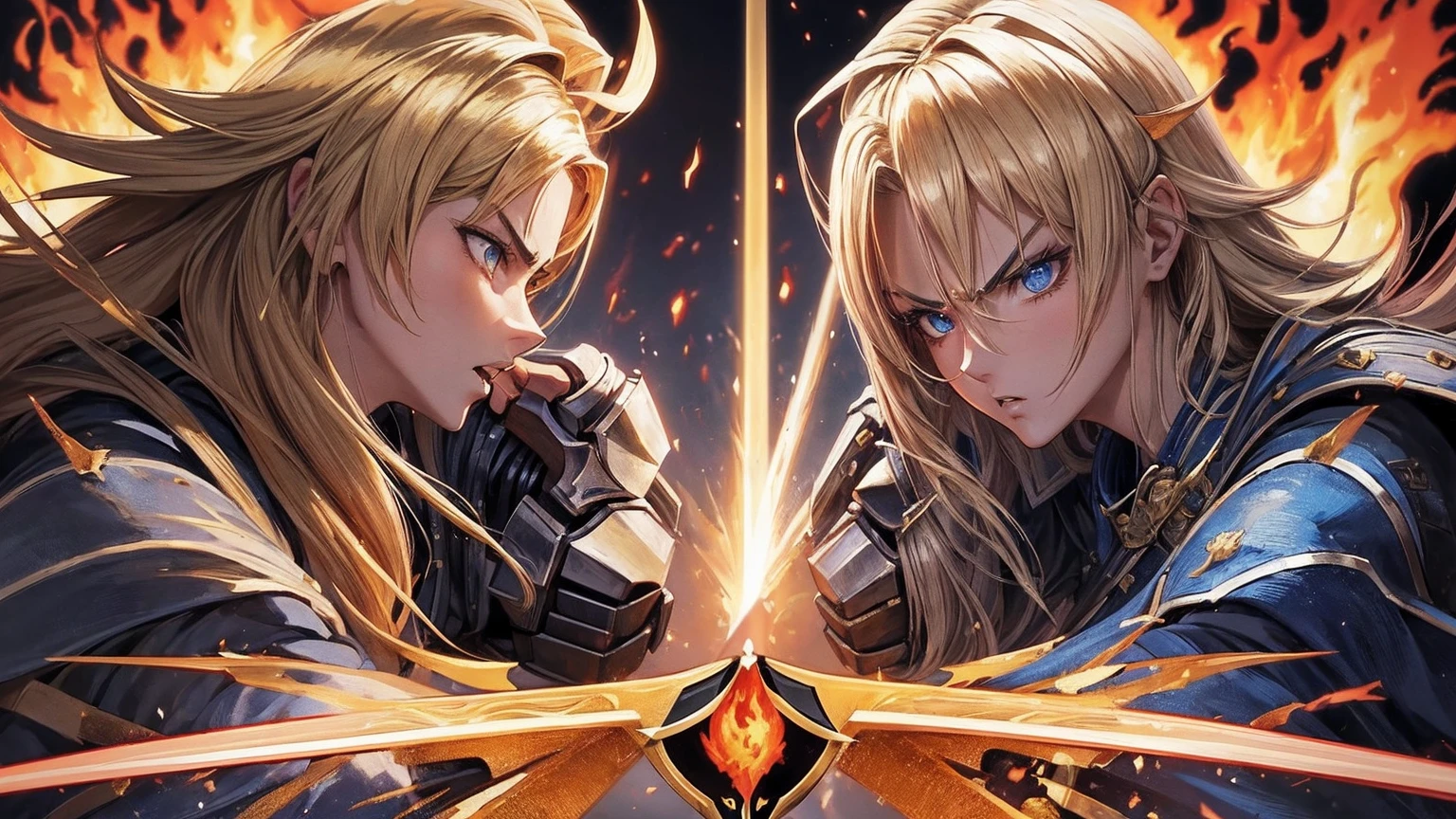 masterpiece,best quality,ultra detailed, (1 short haired Male Knight), (Equipping a fire sword), (1 long haired Female Knight, full lips:0.7), (Equipping a fire sword), (((face close-up))), blonde hair, (straight hair), (fire:1.0), (arena), (speed lines:1.3), blue eyes, (Lens Flare:0.5), (Burning-Edge:1.1), (((eye contact:1.0))), (((Rage:1.1))), (((duel:1.3)))